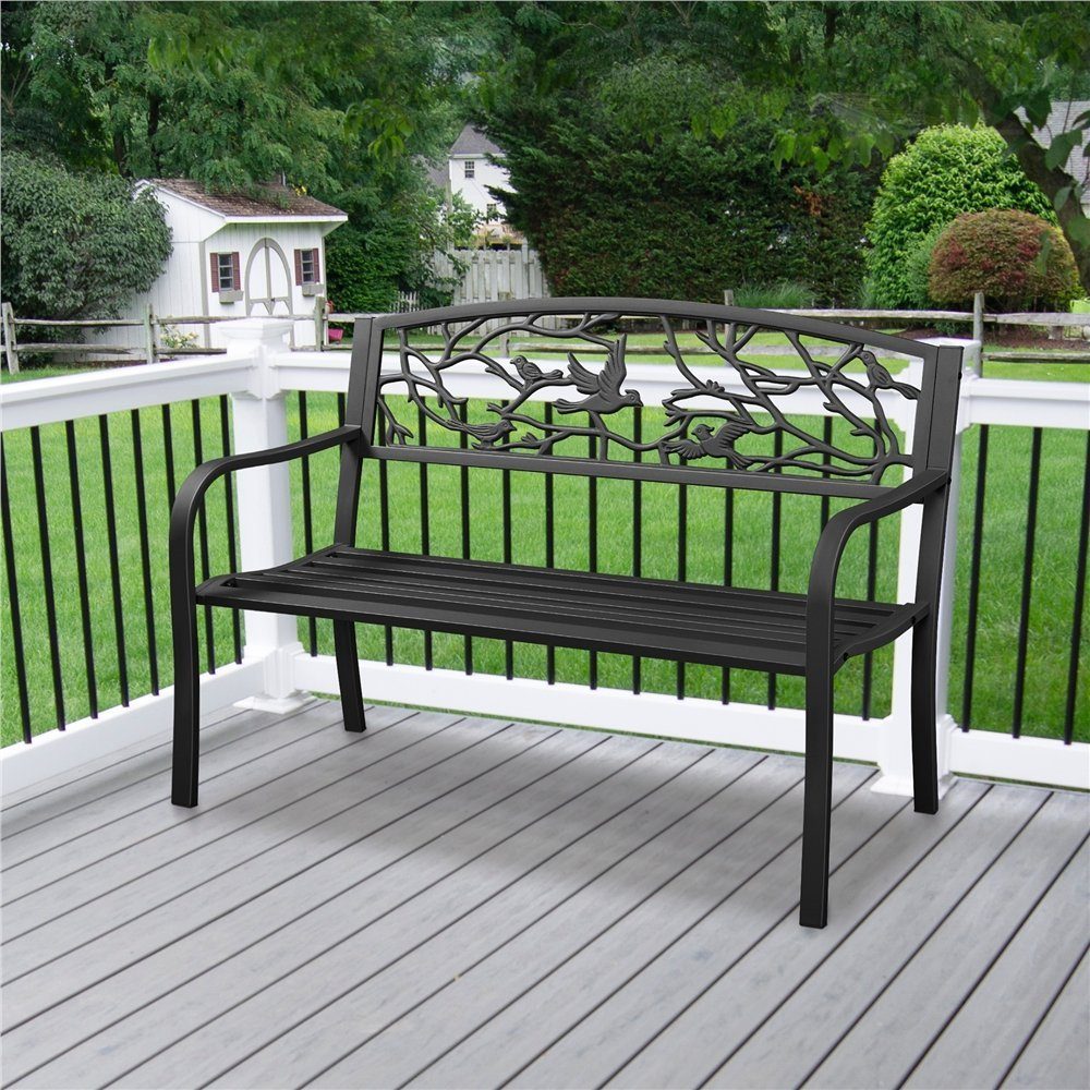 Yaheetech Gartenbank aus Pulverbeschichtetem Metall mit Vogelmuster im Vintage-Stil, 3-Sitzer-Metallbank für Garten/Terrasse/Balkon – Bild 2 von 5