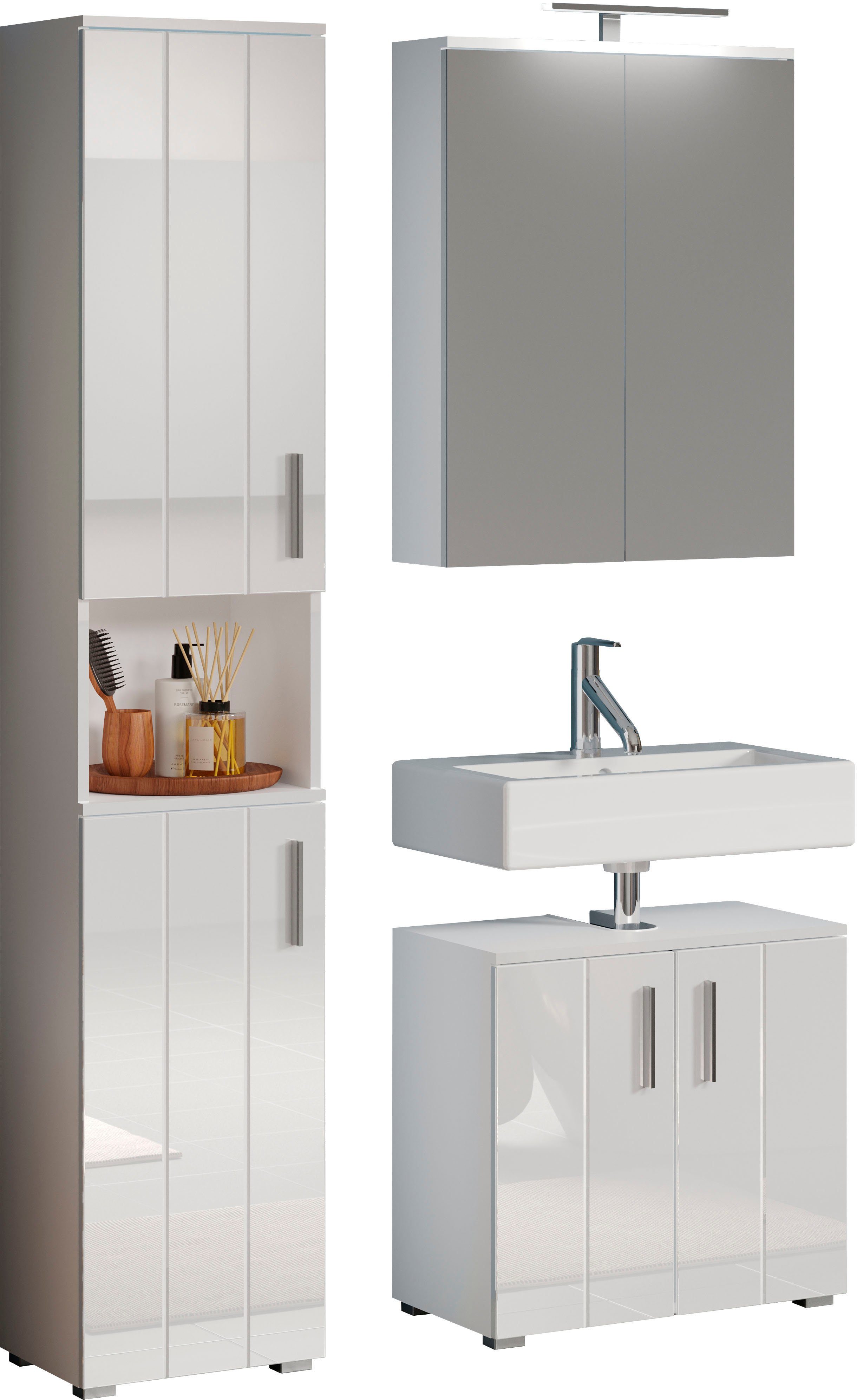 welltime Badezimmer-Set Prag, (Set, 3-St), Hochschrank, Waschtisch und Spiegelschrank mit vertikalen Fräsungen