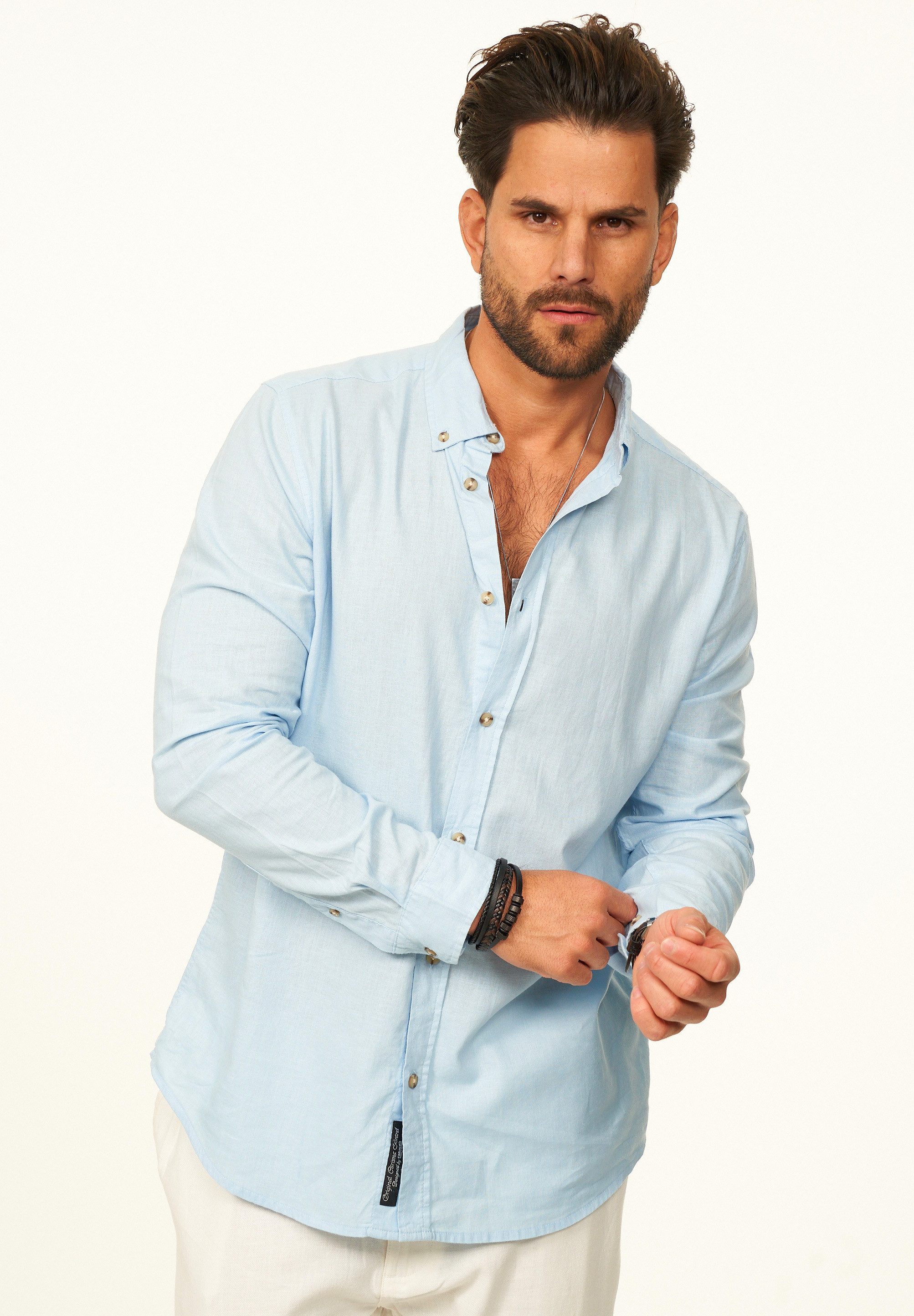 behype Langarmhemd aus Leinen im Regular-Fit Sommerhemd Herren Leinenhemd Freizeithemd mit Button-Down-Kragen