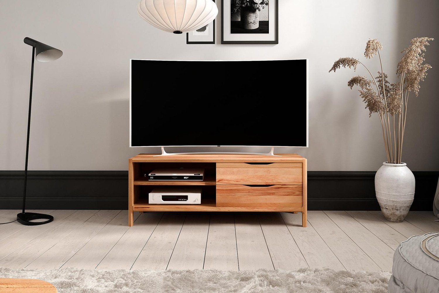 Natur24 Lowboard TV-Board Swig Kernbuche massiv geölt 111x50 mit 2 Schubladen 2 Fächern