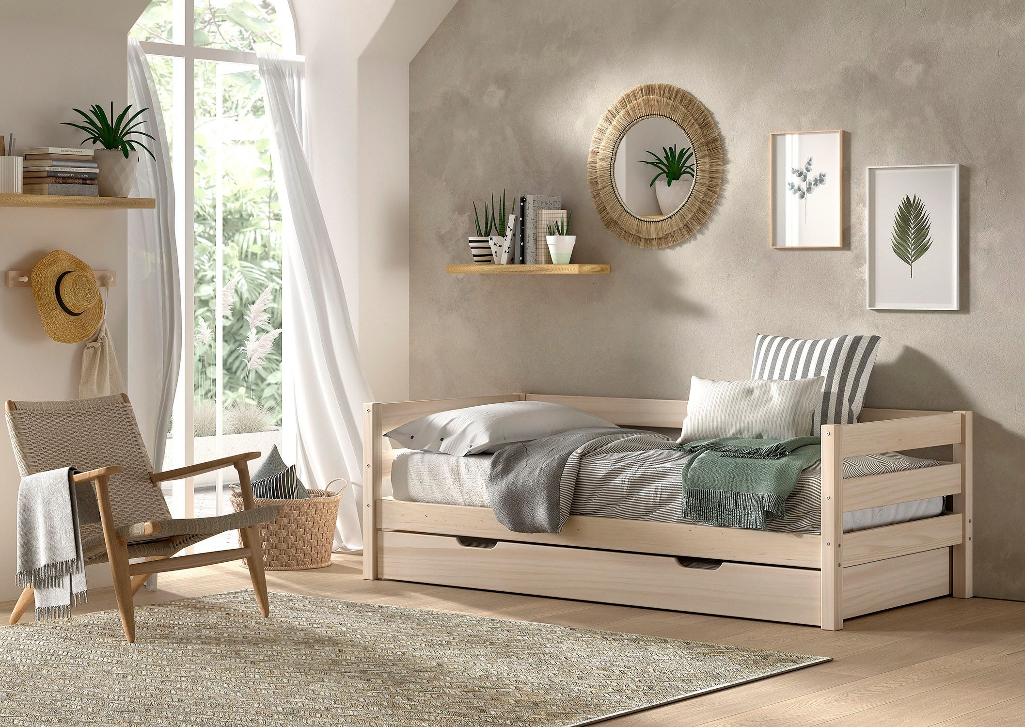 Vipack Daybett Margrit mit Bettschublade, in zeitlosem Design, universell einsetzbar, stabiles Massivholzbett, wahlweise in 2 Farben erhältlich