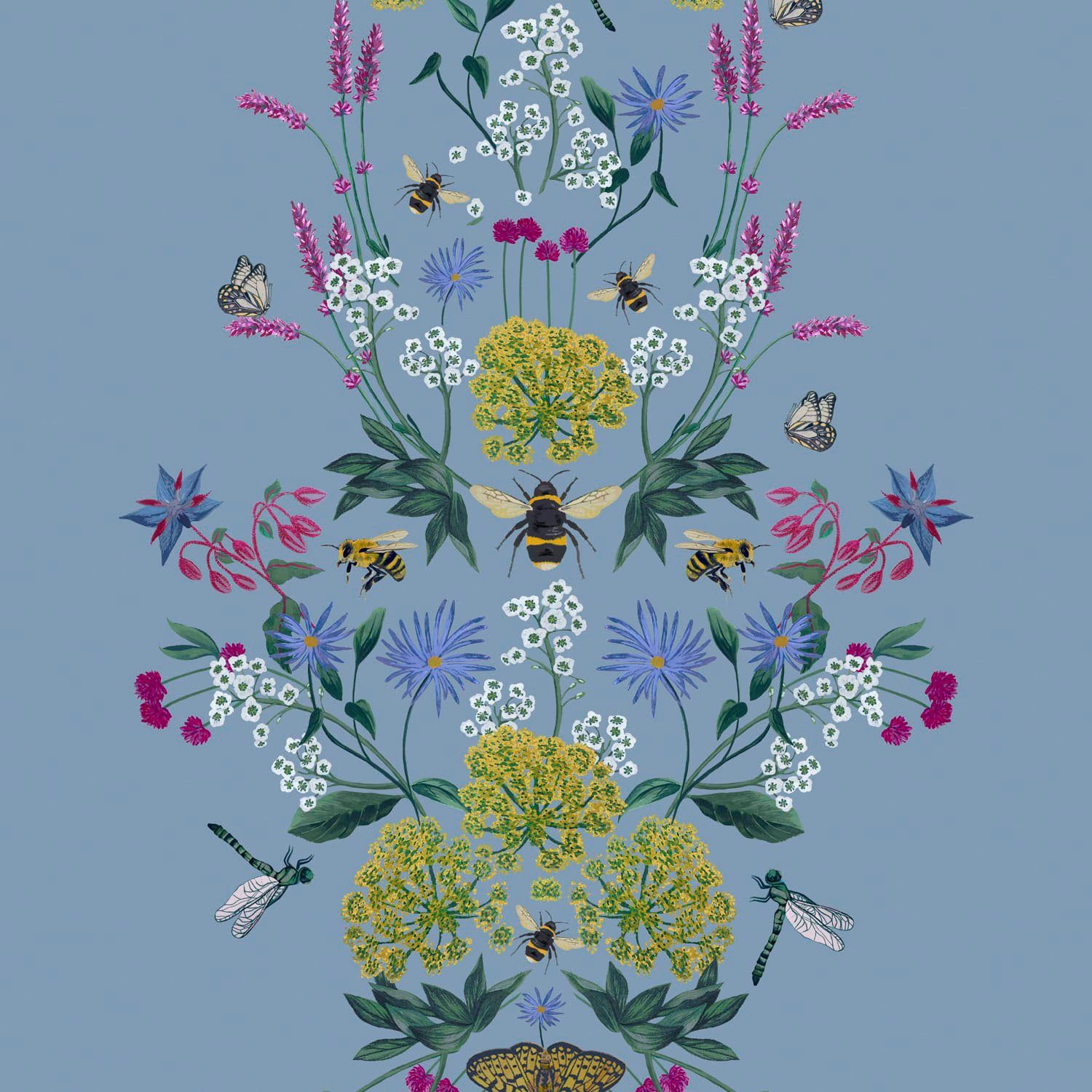 Joules Vliestapete Perfect Pollinators Haze Blue, glatt, floral, (1 St), floral