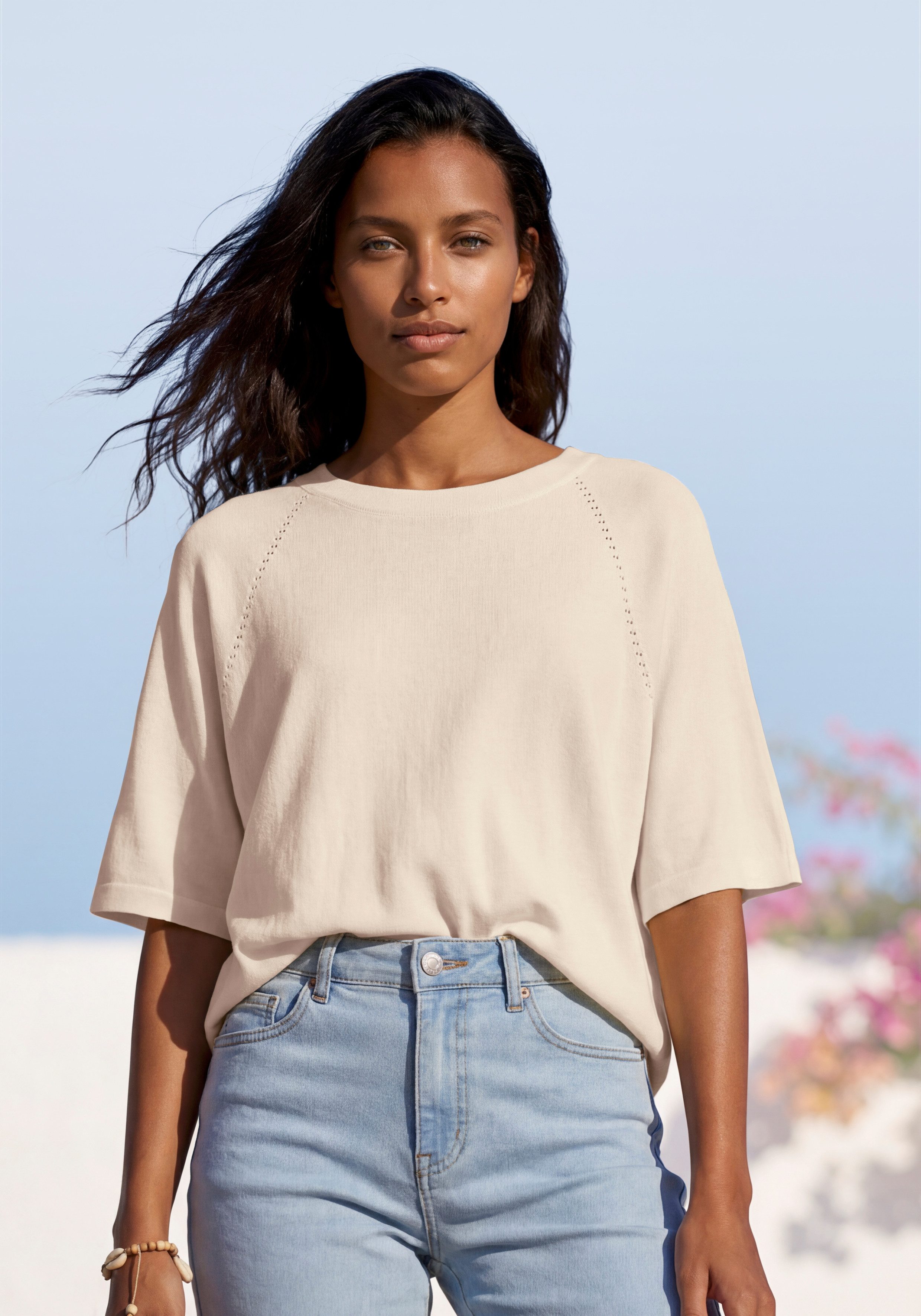 Vivance Kurzarmshirt mit Lochstrickmuster aus weichem Viskose-Strick