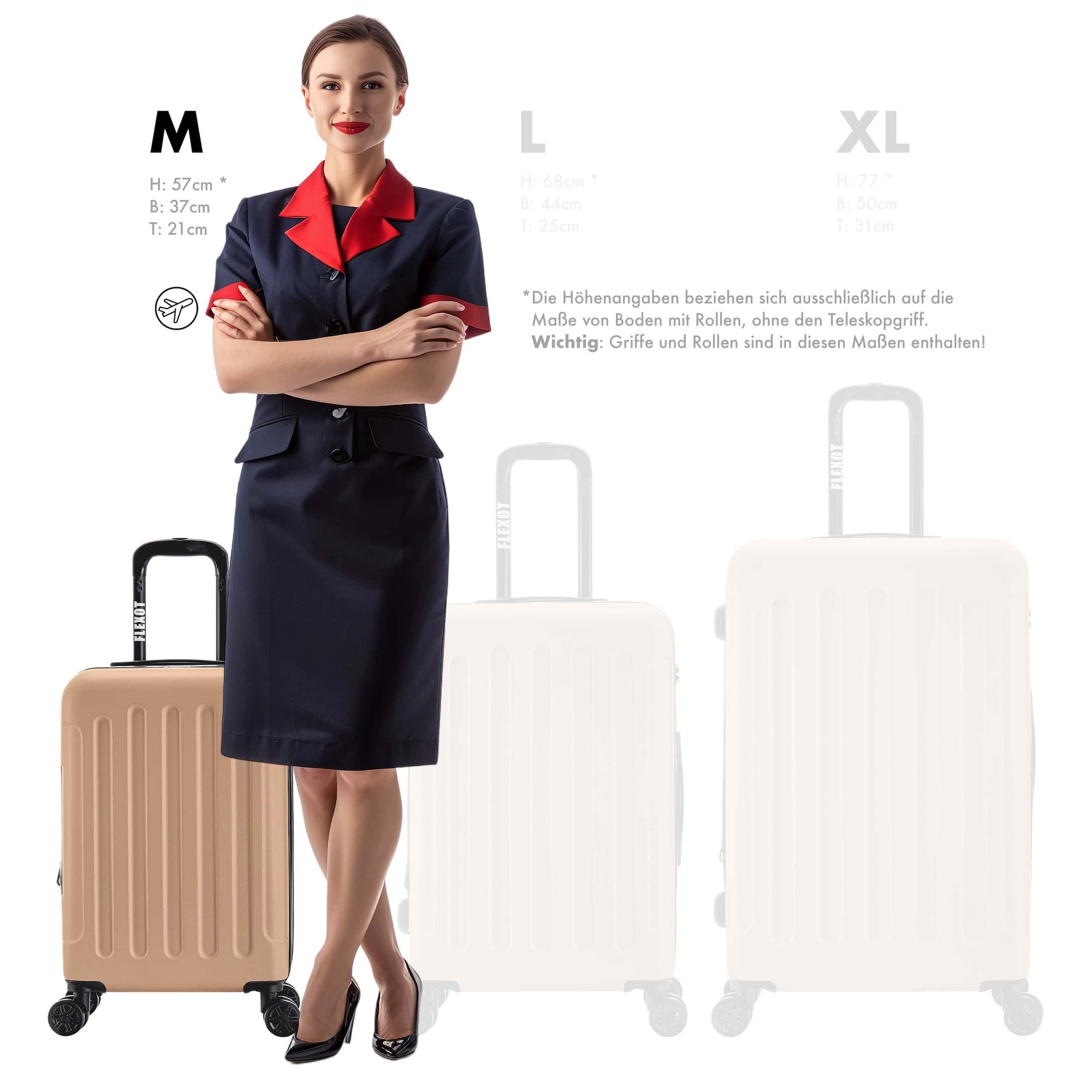 Flexot Hartschalen-Trolley F-3045 (Gr. M, L, XL) – Kofferset – ABS-Hartschale, 4 Rollen, Robuster und moderner Koffer mit vier 360° Rollen und Zahlenschloss