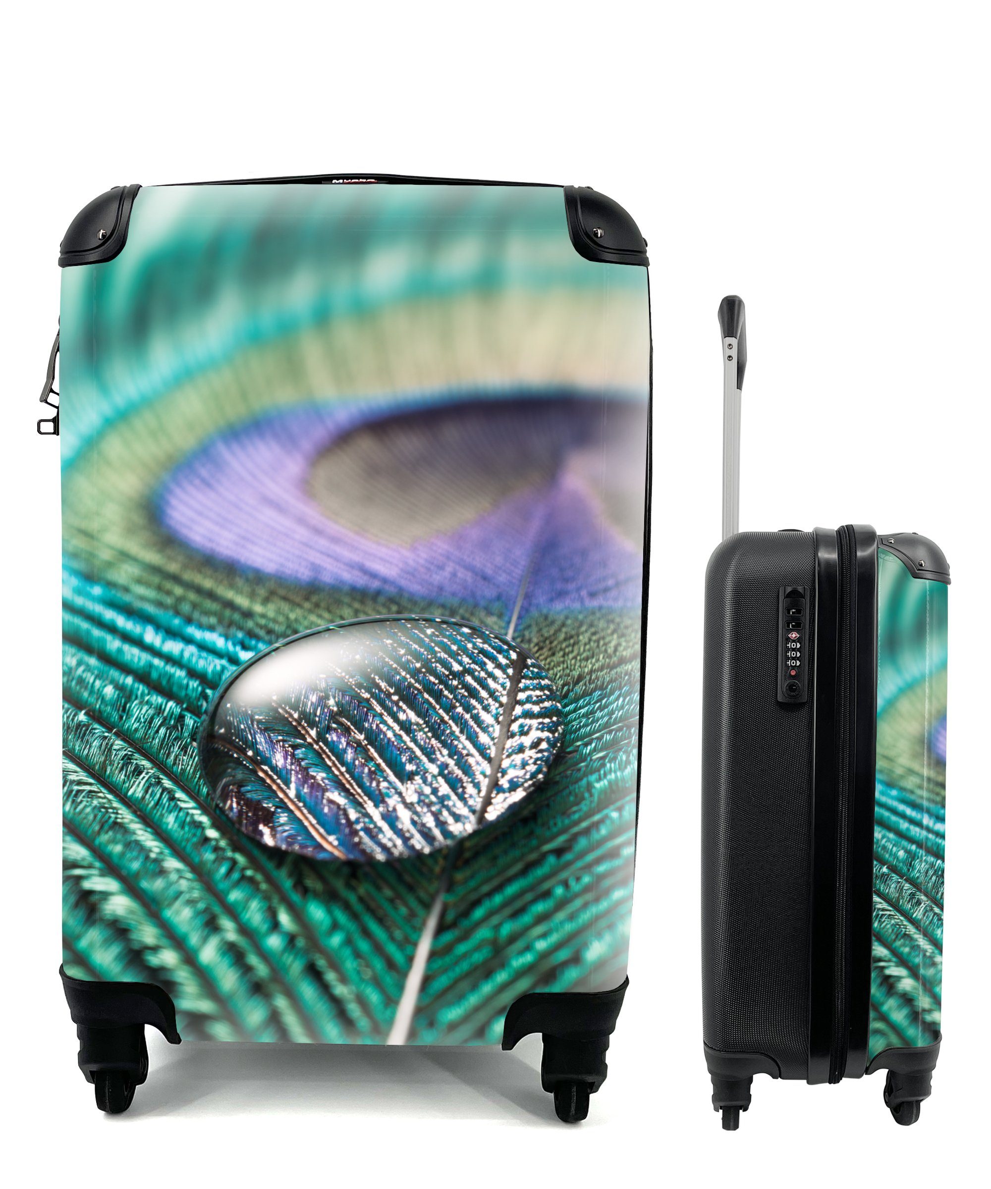 Ferien, Handgepäckkoffer Struktur für 4 MuchoWow Handgepäck mit Reisekoffer Rollen, Reisetasche Trolley, Pfauenfeder mit rollen, einem einer Wassertropfen,