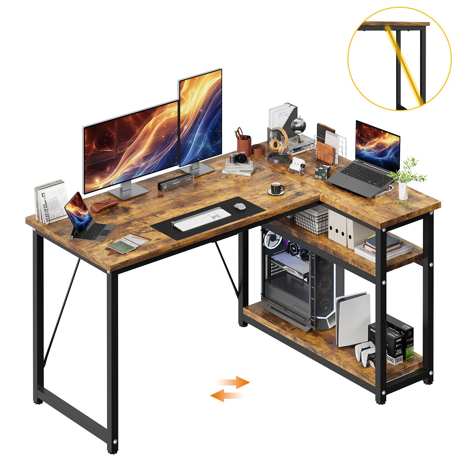 HOMALL Eckschreibtisch 100/120L Form mit Ablagefächern, 2 Tier DIY Lagerregalen Computertisch (L-formiger Schreibtischumit Regal,100/120/140/160cm,Geeignet fur Burotisch, Arbeitszimmer, Schlafzimmer), Schreibtisch,PC Tisch,Heimbüro