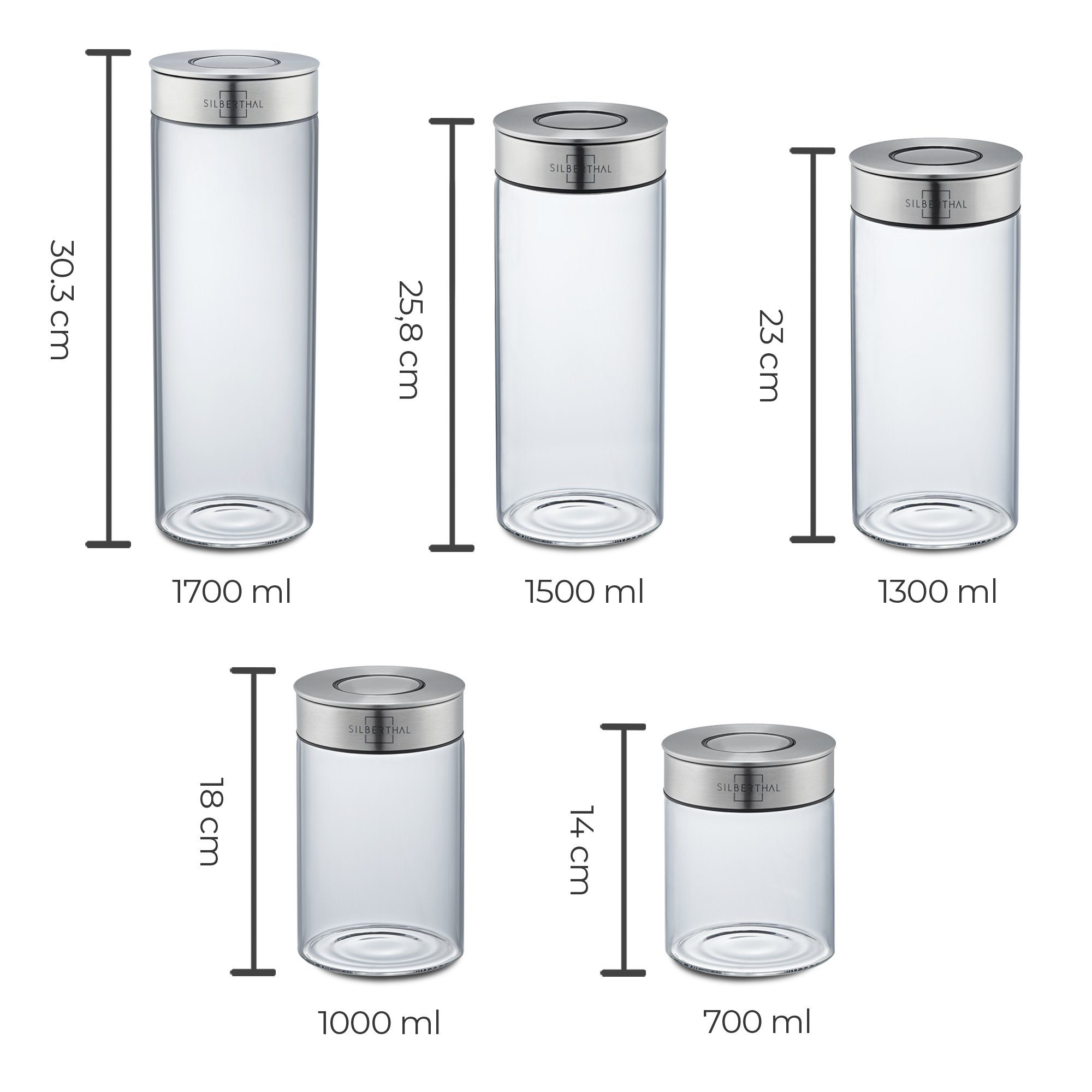 Vorratsglas auslaufsicher, Glas, BPA-frei Set 1700ml), Deckel, (Mix, luftdicht, 1-tlg., 1300ml, SILBERTHAL 700ml, 1000ml, mit