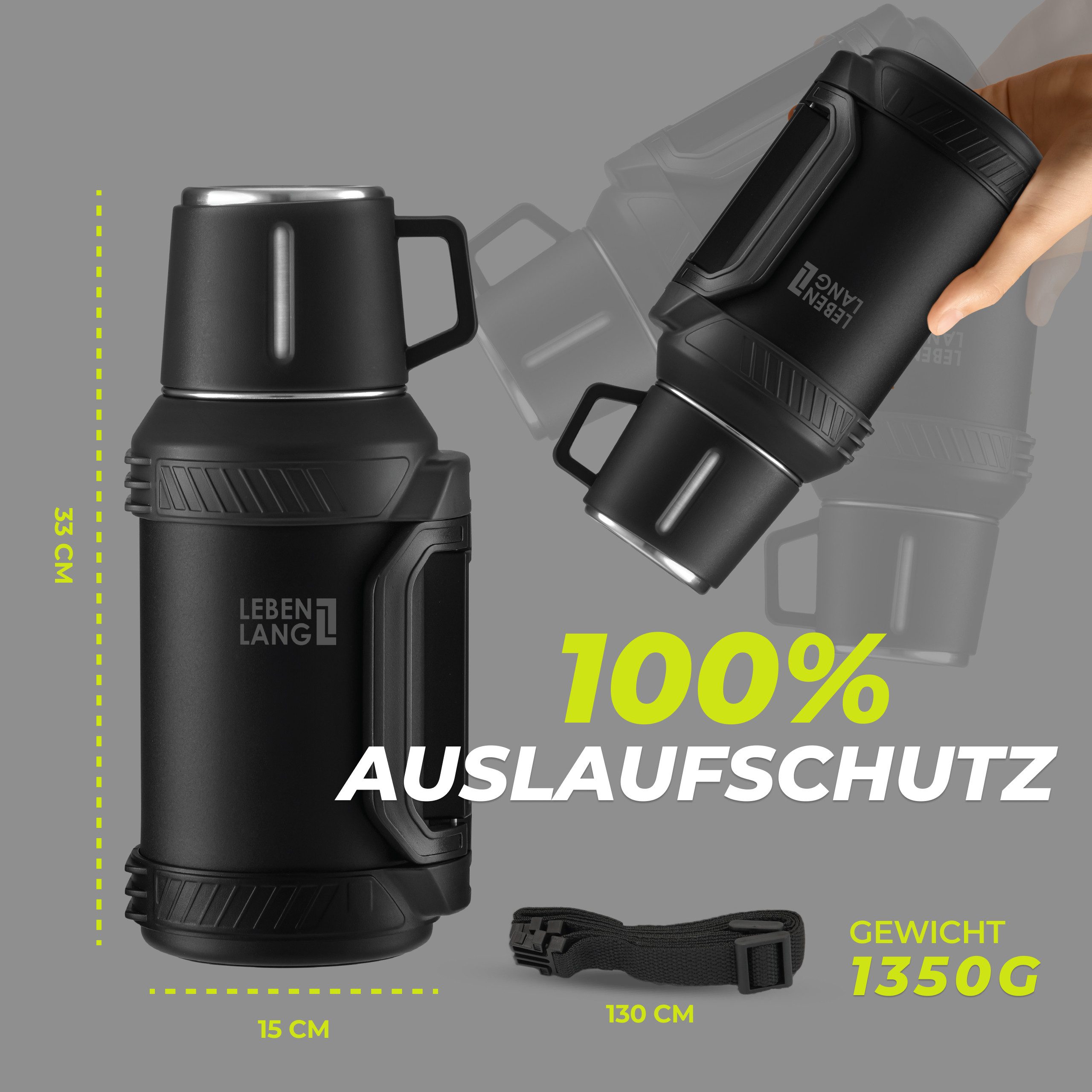 Lebenlang Thermoflasche Isolierflasche 2,5 Liter - 24h Heiß & Kalt - Inkl. Becher & Teesieb, Auslaufsicher - Große Einfüllöffnung - BPA-frei