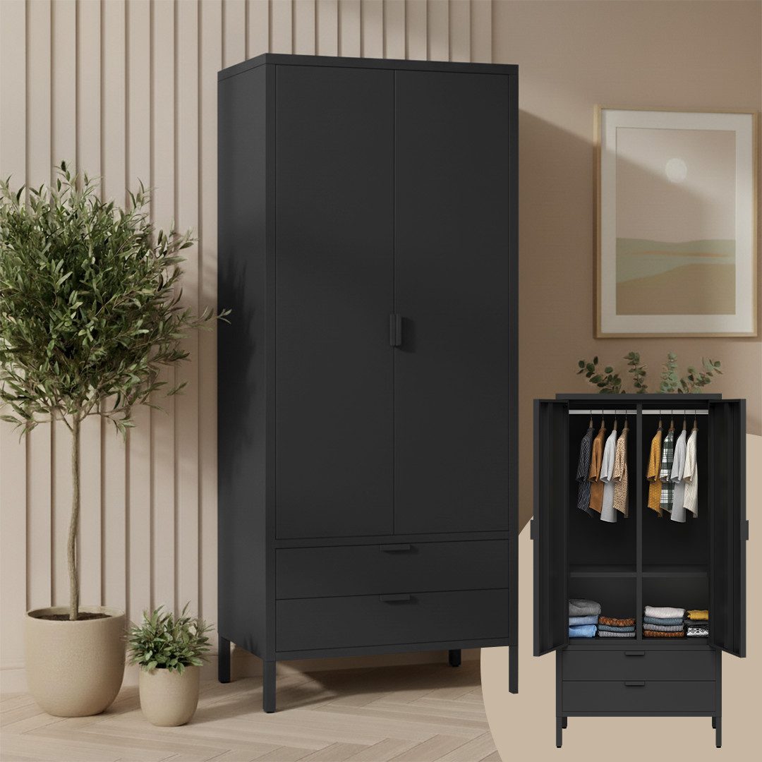 skølm Kleiderschrank Ituri aus Metall (Schwarz) Schrank mit 6 Fächern, 2 Schubladen & 2 Kleiderstangen, 170x80x45 cm
