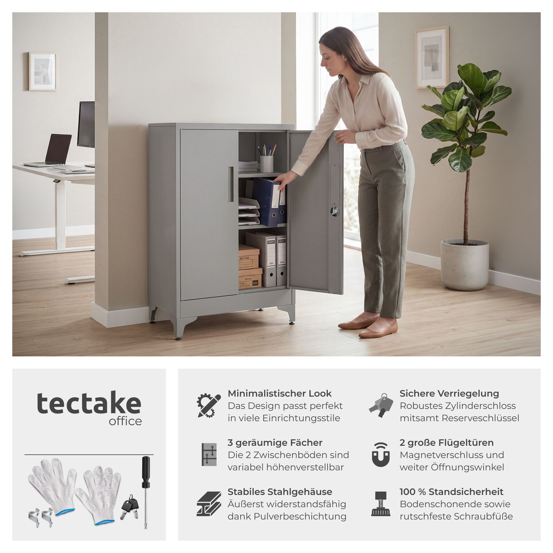 tectake Aktenschrank Dokumentenschrank aus Stahl, Kippschutz, abschließbar, 60 x 40 x (Büroschrank Blake, 2-St., in grau) 2 verstellbare Zwischenböden, mit Magnetverschluss, höhenverstellbar