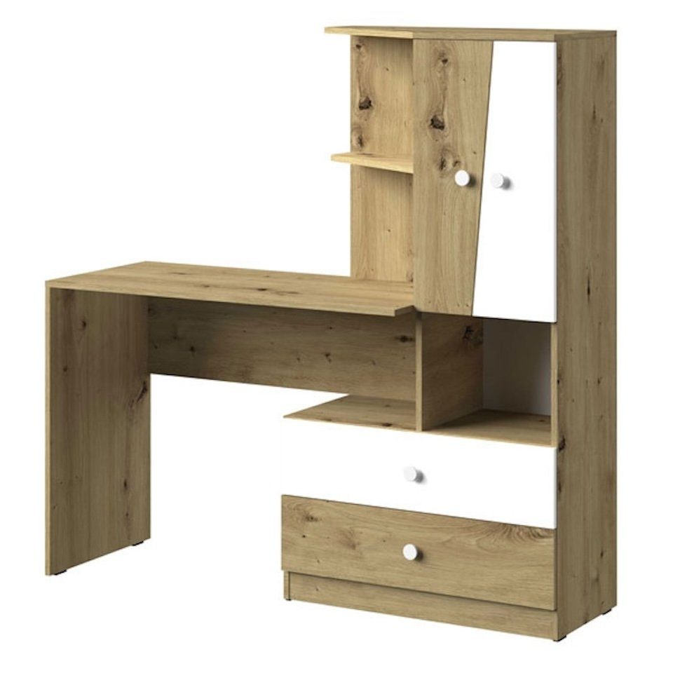 Feldmann-Wohnen Schreibtisch Nero (1 offenes Fach, 2 Ablageflächen, 1 Schreibtisch, 2 Schubladen mit Rollenschubführung, 2 Türen, innen 1 Einlegeboden), 150cm artisan eiche / weiß matt mit weißen Knopgriffen