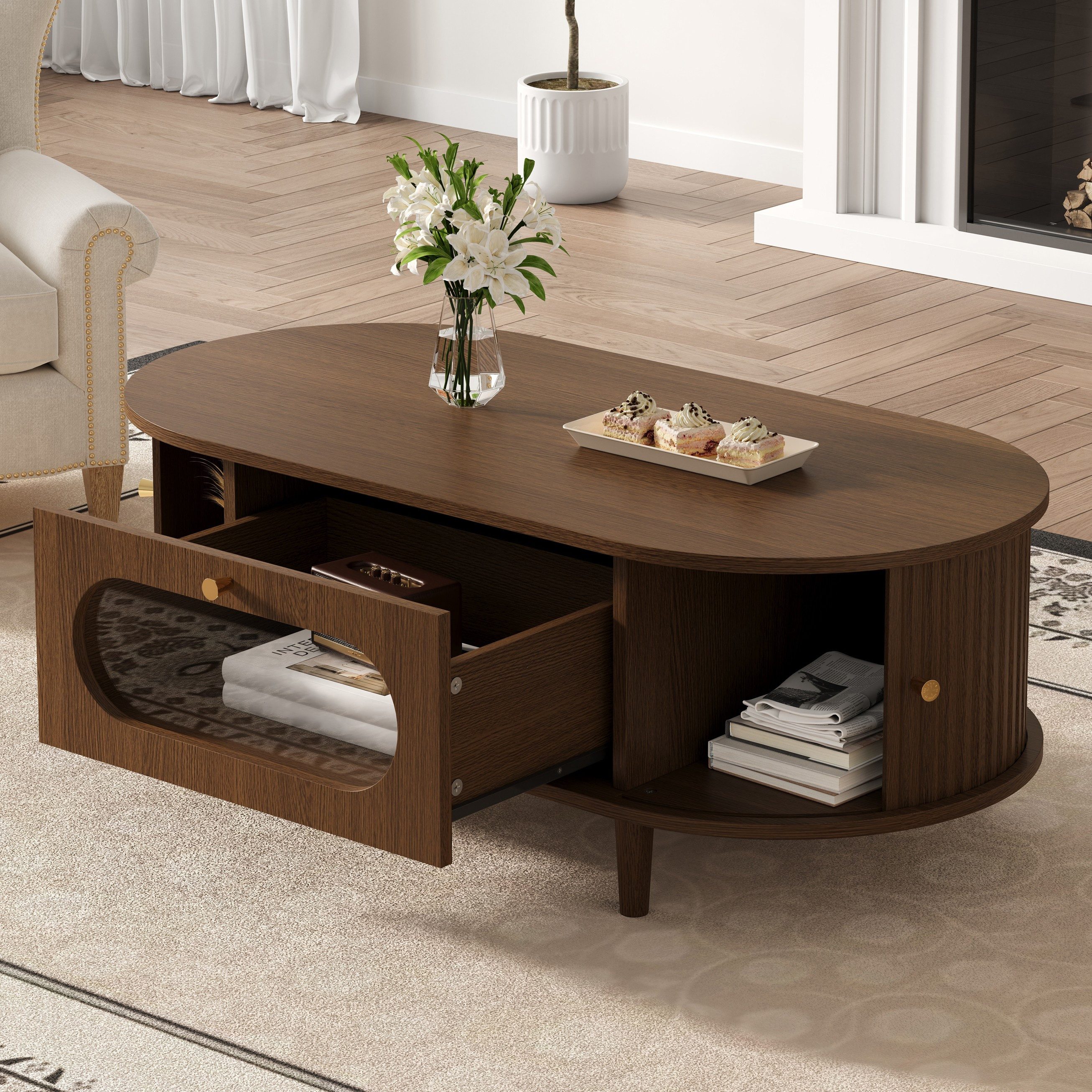 STILVORA Couchtisch Wohnzimmer Kaffeetisch mit Rolltür 4 Stützbeinen Walnussholzfarbe (Sofatisch mit Eine Schubladen aus Glas, mit einer zweigeteilten Aufbewahrungsmöglichkeit), für kleine Wohnungen