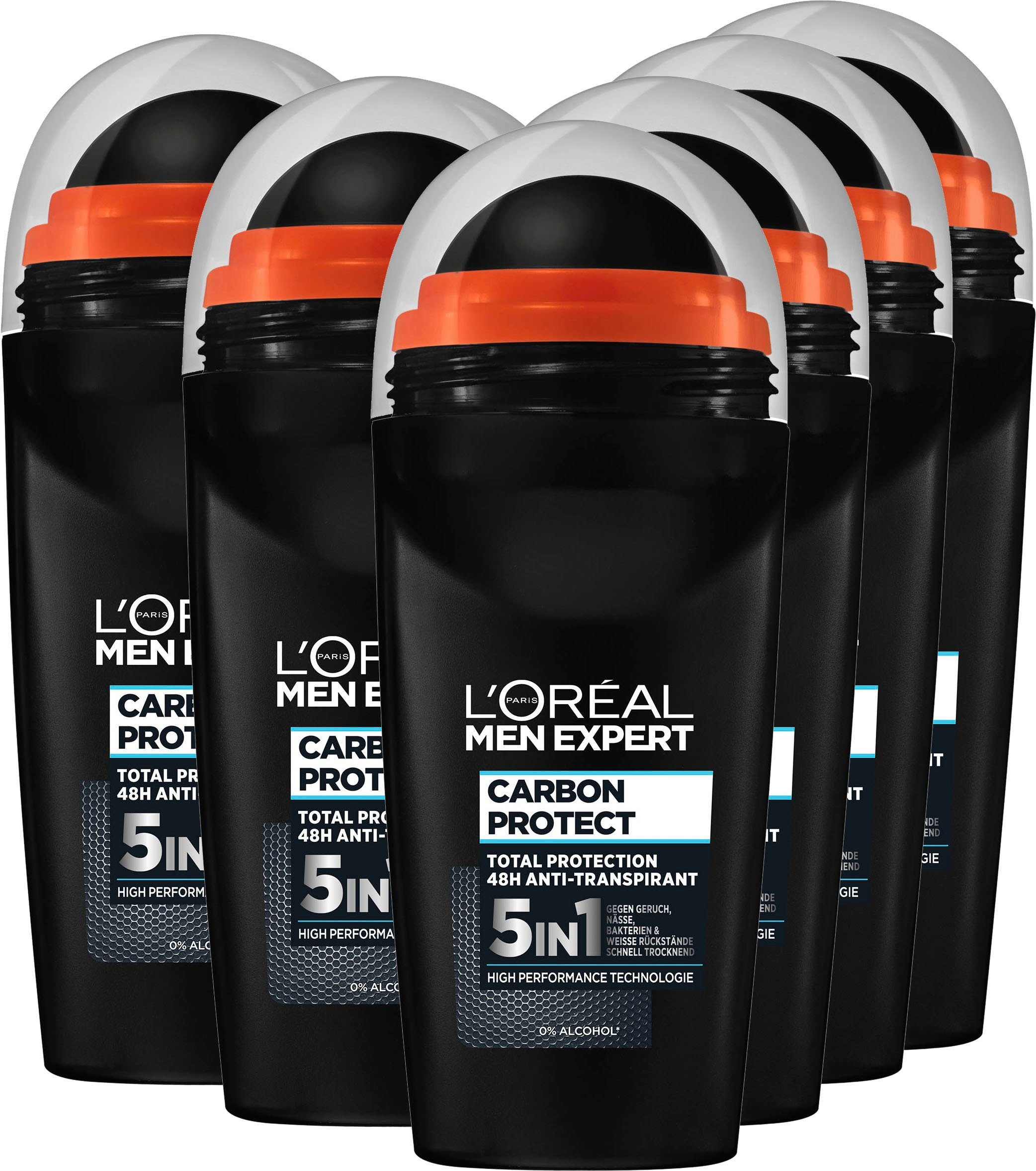 L'ORÉAL PARIS MEN EXPERT Deo-Roller Deo Roll-on Carbon Protect, Packung, 6-tlg., mit hoher Zuverlässigkeit