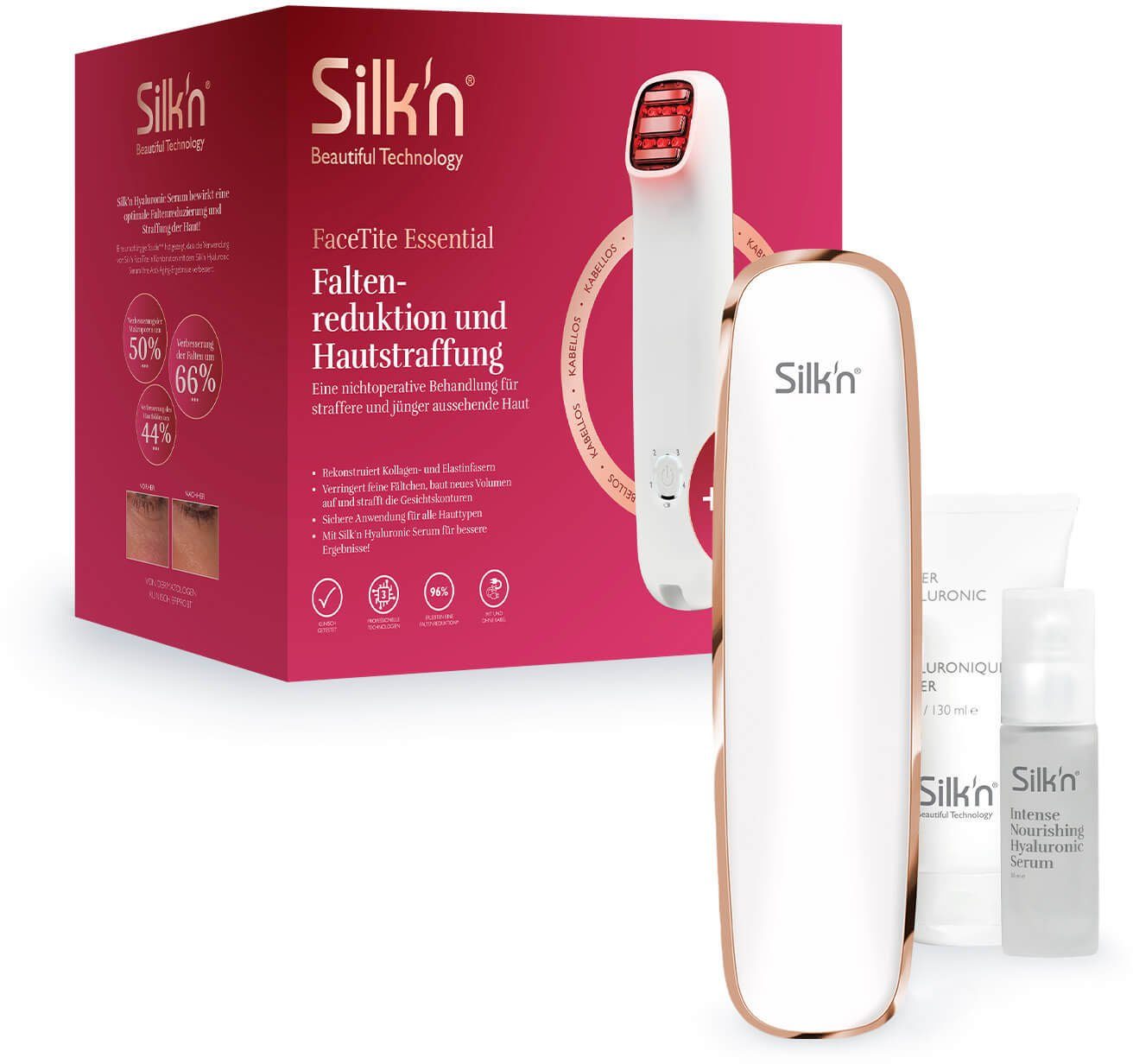 Silk'n Anti-Aging-Gerät FaceTite kabellos Gel, Set, 3-tlg., Intense Hyaluronic Adapter, Essential, Slider Nourishing Serum, Hyaluronic