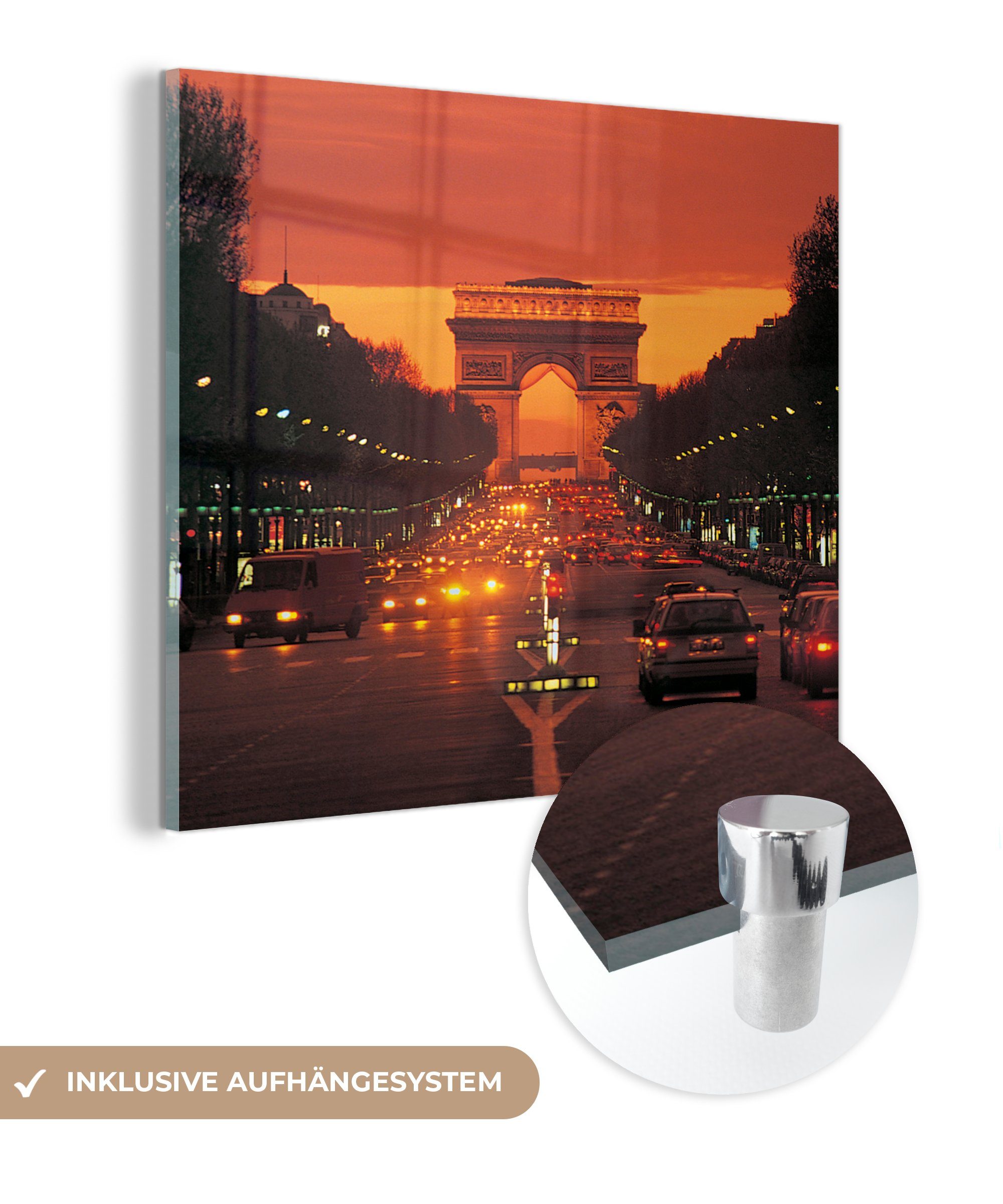 MuchoWow Acrylglasbild Sonnenuntergang am Pariser Triumphbogen, (1 St), Glasbilder - Bilder auf Glas Wandbild - Foto auf Glas - Wanddekoration