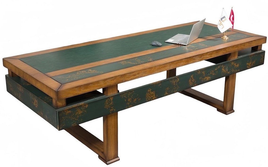 JVmoebel Polstergarnitur Designer Möbel Set in Grün aus Leder und Holz für das Büro, (6-tlg., Sofa 3 Sitzer, 2x Sessel, Couchtisch, Sideboard, Schreibtisch), Made in Europa