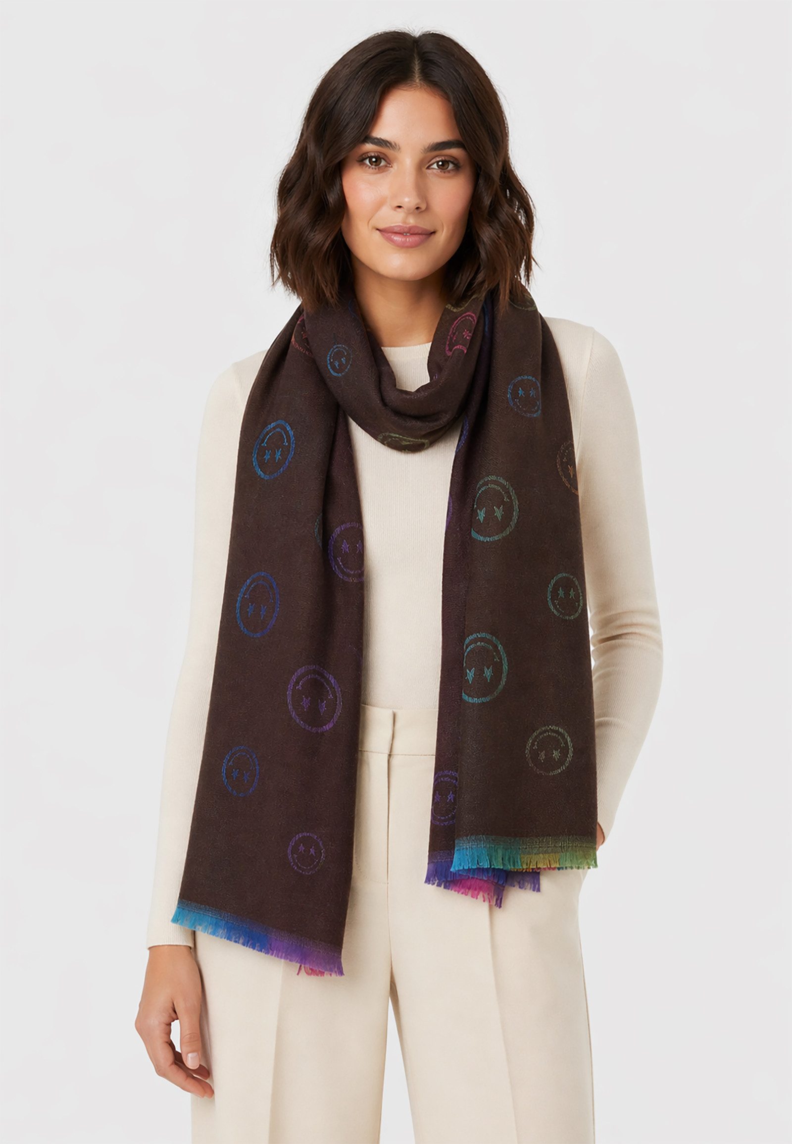 Faera Modeschal Leichter Mode-Schal Fransen Regenbogenfarbene Stickereien., (1-St), 9634 in Braun