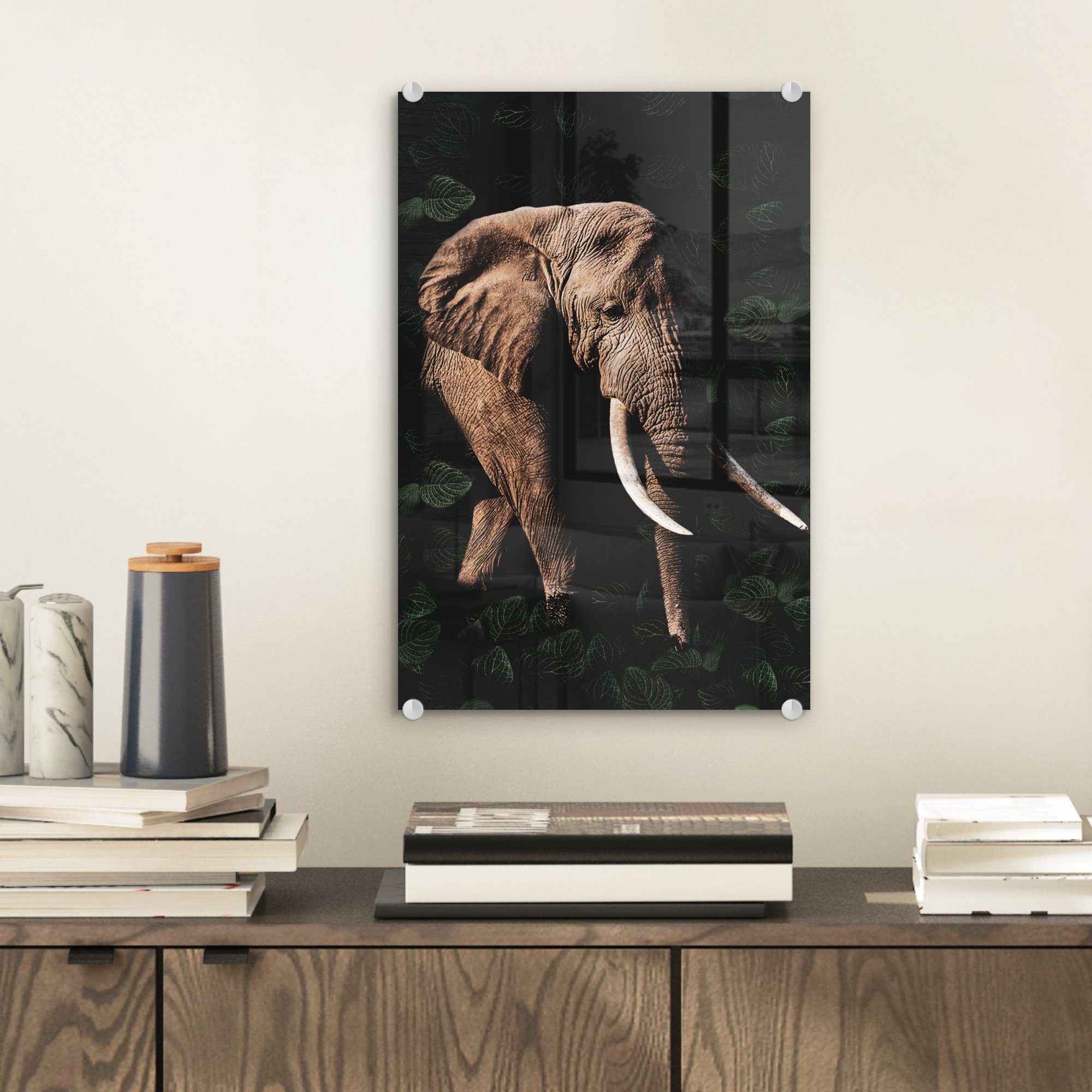 MuchoWow Acrylglasbild Elefant - auf (1 Wandbild auf Glas Wanddekoration Dschungel - Schwarz, Foto bunt - Glasbilder - - St), Glas Bilder