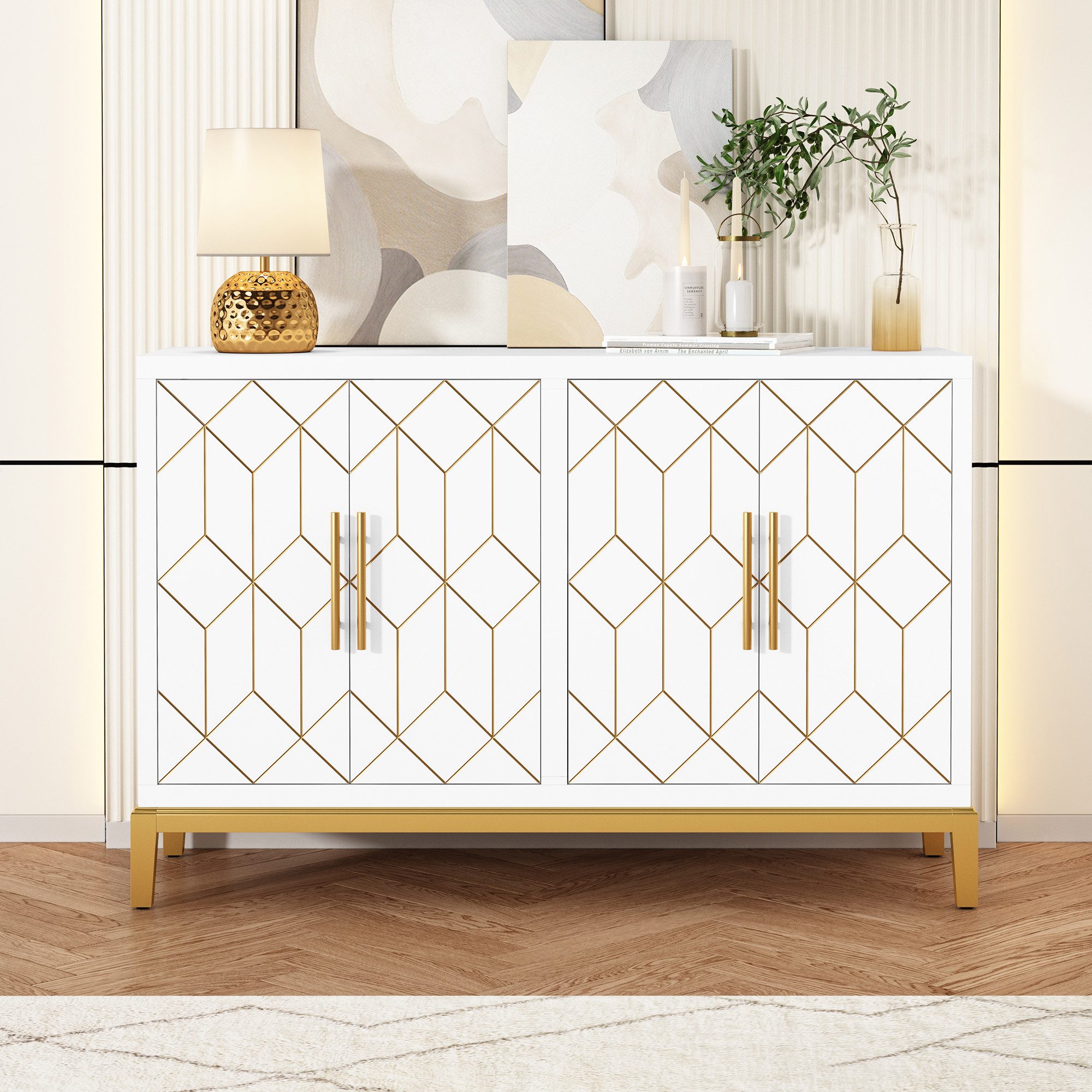 HOLTICO Sideboard Küchenschrank Badezimmerschrank Aufbewahrungsschrank mit 4 Türen, Wohnzimmerschrank mit verstellbarem Regal, goldene Linien und Beine