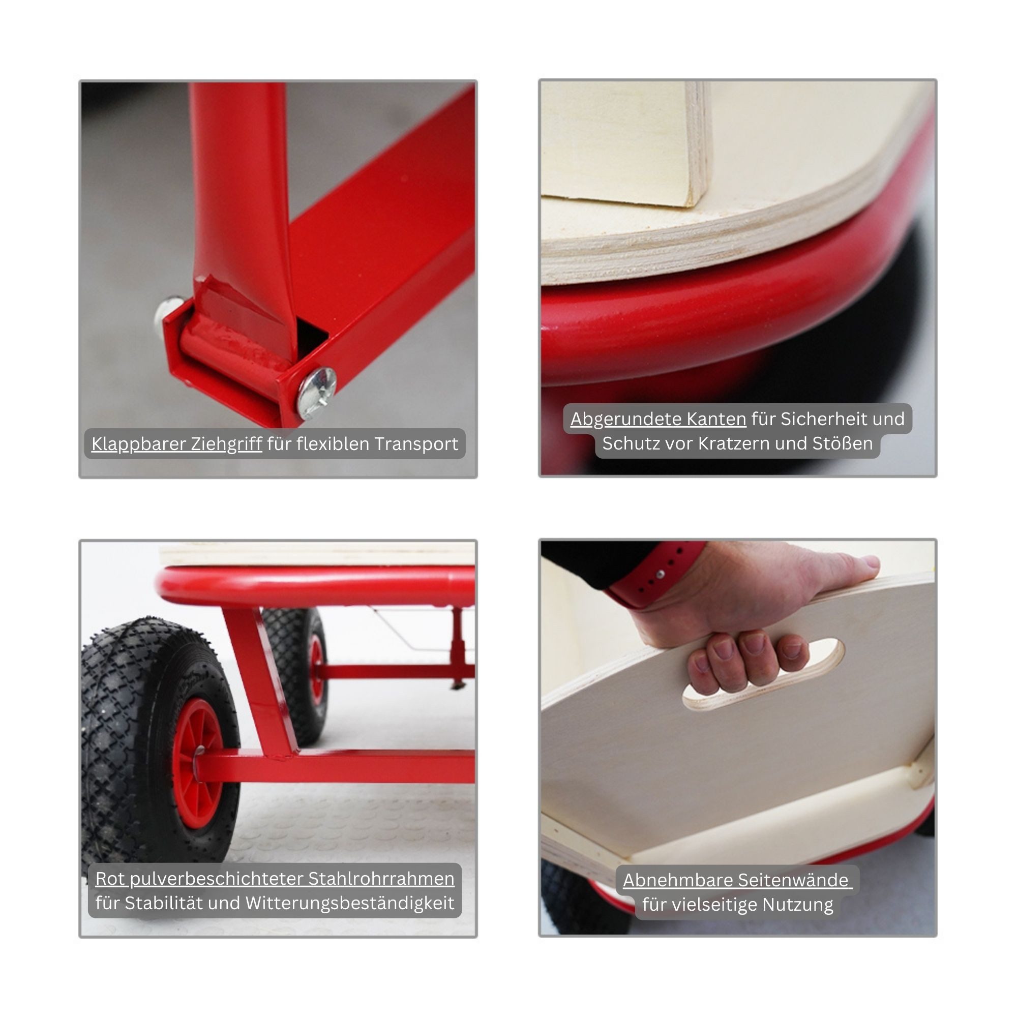 PROREGAL® Bollerwagen Handwagen Transportwagen BOLLY Pro HxBxT 97x60x94cm Traglast 150kg Rot, Robuster Handwagen mit abnehmbaren Seitenwänden 10-Zoll-Luftreifen – Bild 4 von 5