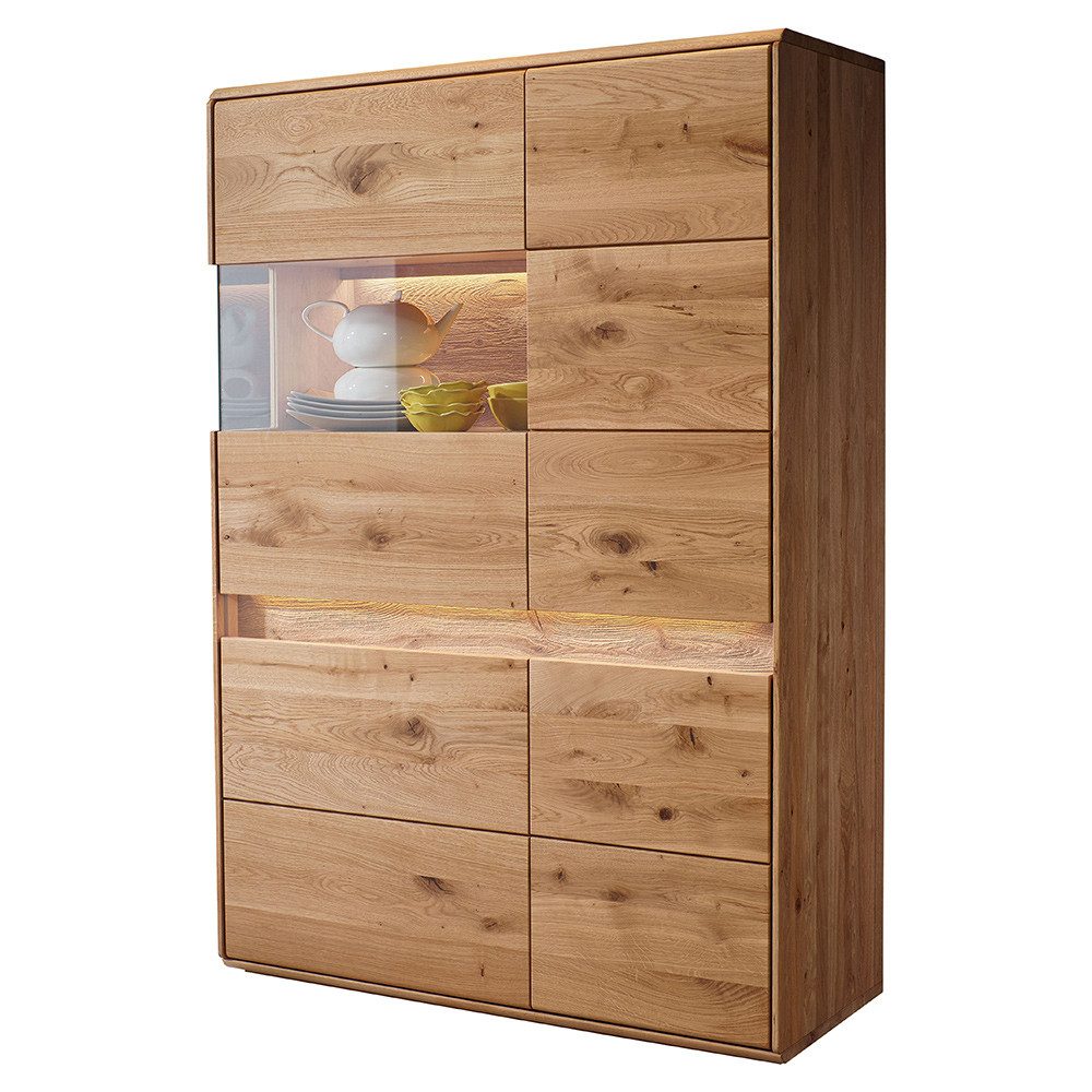 Lomadox Highboard WELLAND-69, 103 cm, Eiche massiv geölt mit LED-Beleuchtung, Türanschlag links