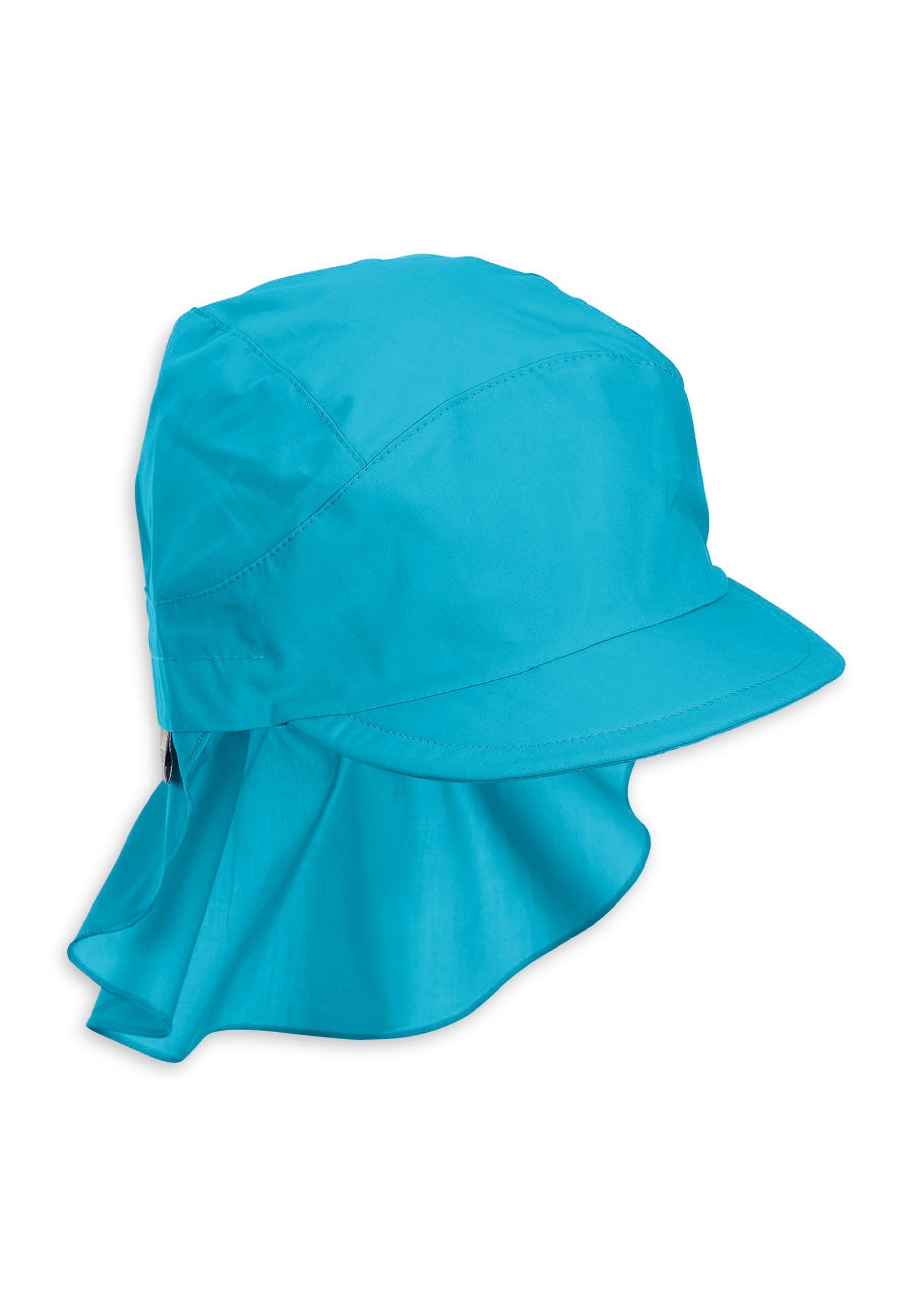 Sterntaler® Beanie Sternen bedruckt dark UV-Popeline mit unifarben Erstlingsmütze mit Nackenschutz 50) Schirmmütze aus mit (1-St., Kindermütze blue Schirm UV-Sonnenschutz