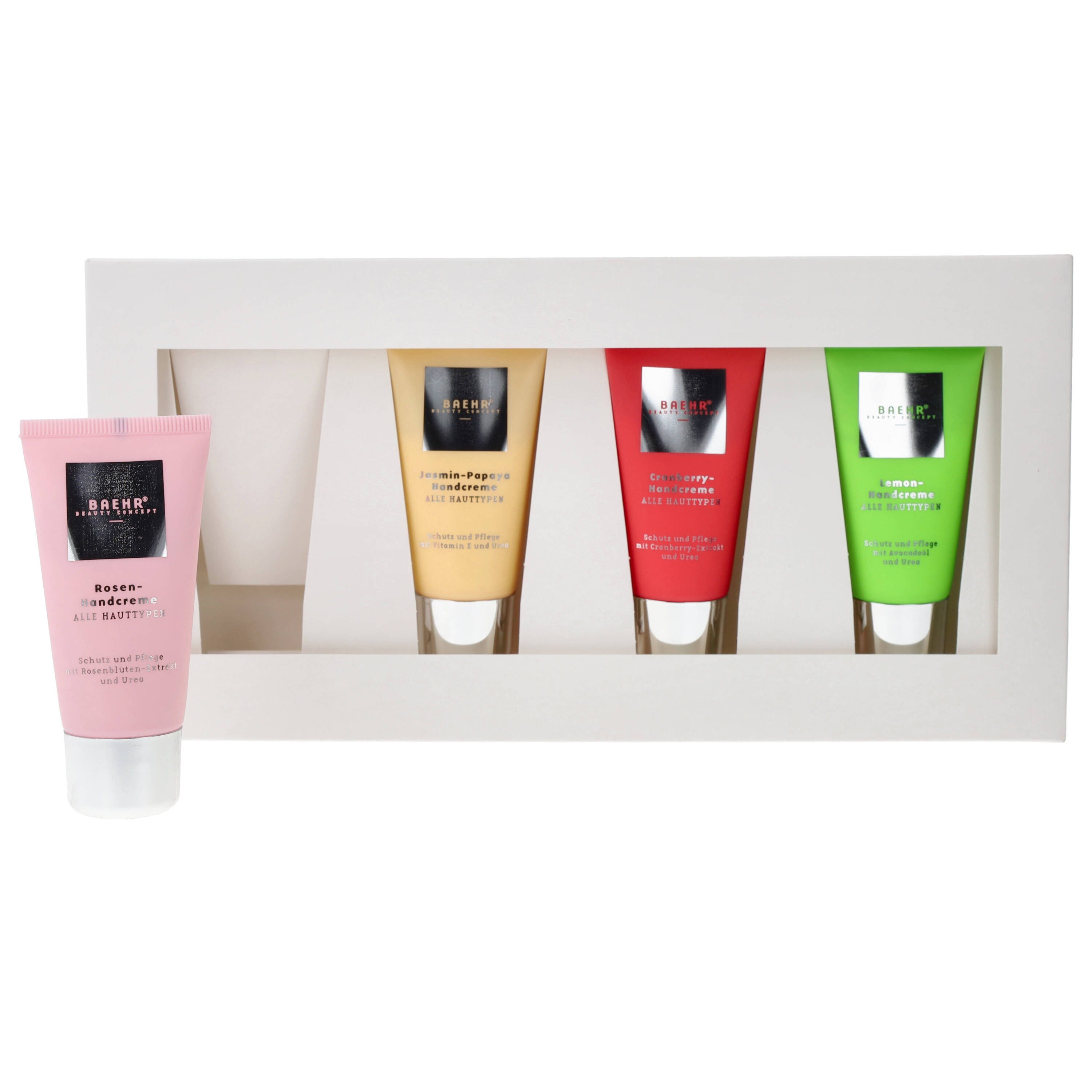 BAEHR BEAUTY CONCEPT Handcreme Baehr Beauty Concept Handcreme Selection V hochwertige Inhaltsstoffe & Duftvarianten, 4-tlg., je 30ml Rosen-, Cranberry-, Lemon- und Jasmin-Papaya-Handcreme