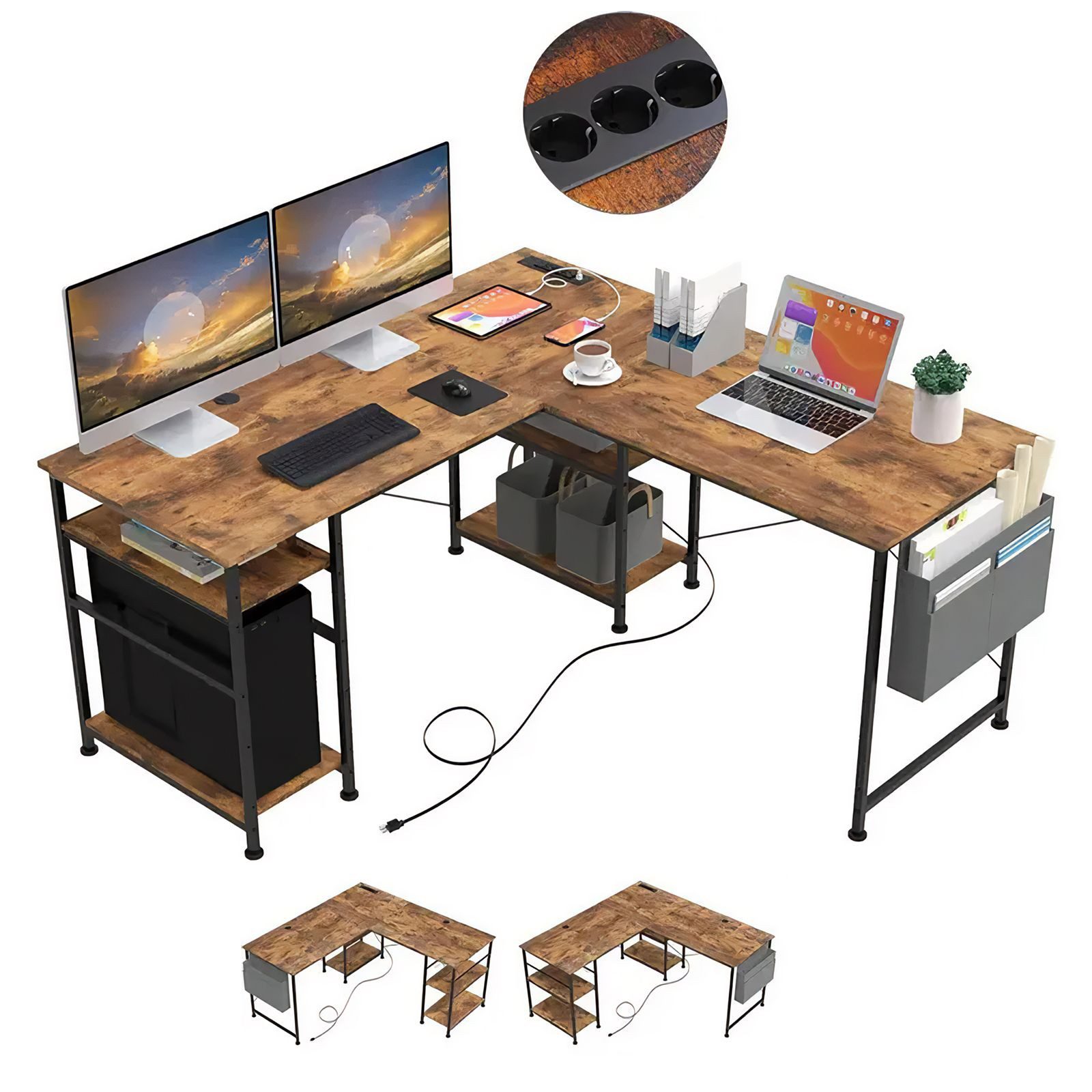 BBG Computertisch L-Schreibtisch 140 × 140 cm mit 3 Steckdosen, 2 USB-Anschlüssen, Ablagen, Kopfhörerhalter und Hängetasche, Eckschreibtisch