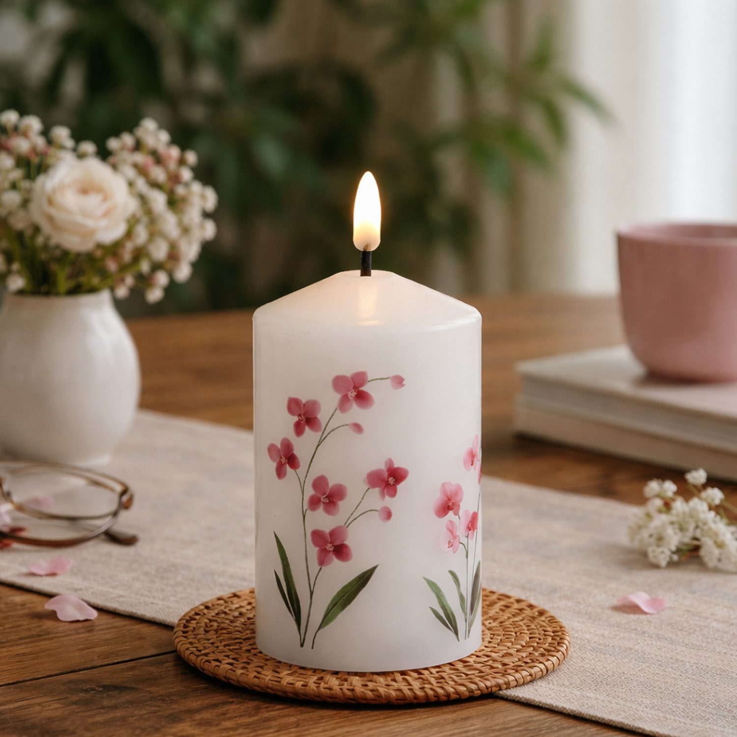 MARELIDA LED-Kerze mit Orchideen Motiv Echtwachskerze mit Blumen Design 7x14,5cm Timer, LED Classic, warmweiß (2100K bis 3000K)