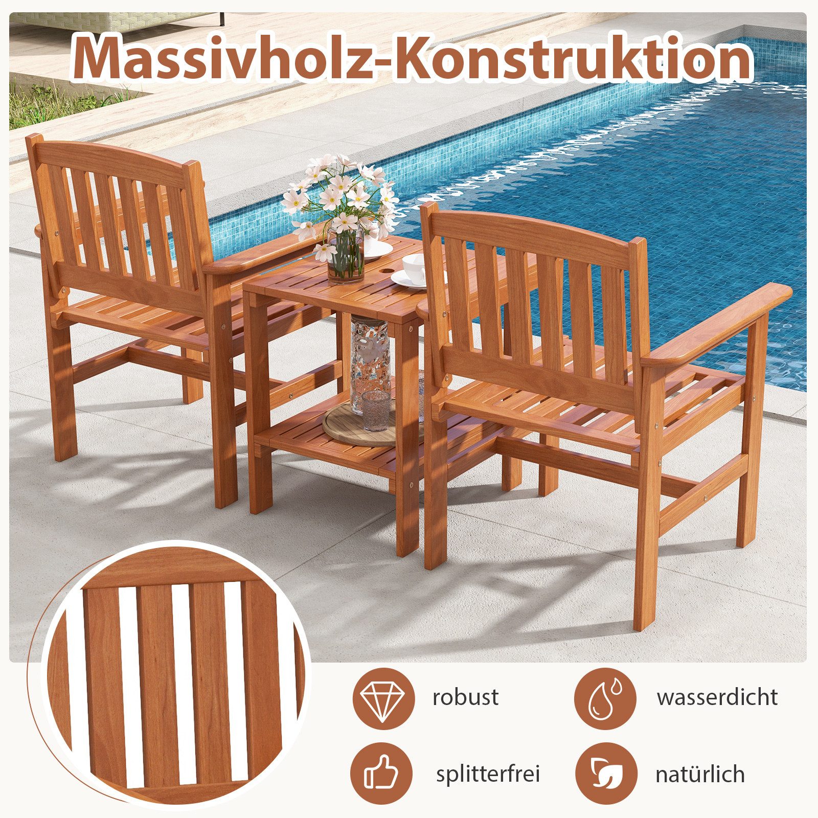 COSTWAY Balkonset, 3er Set, mit Schirmloch, für 2 Personen, Massivholz