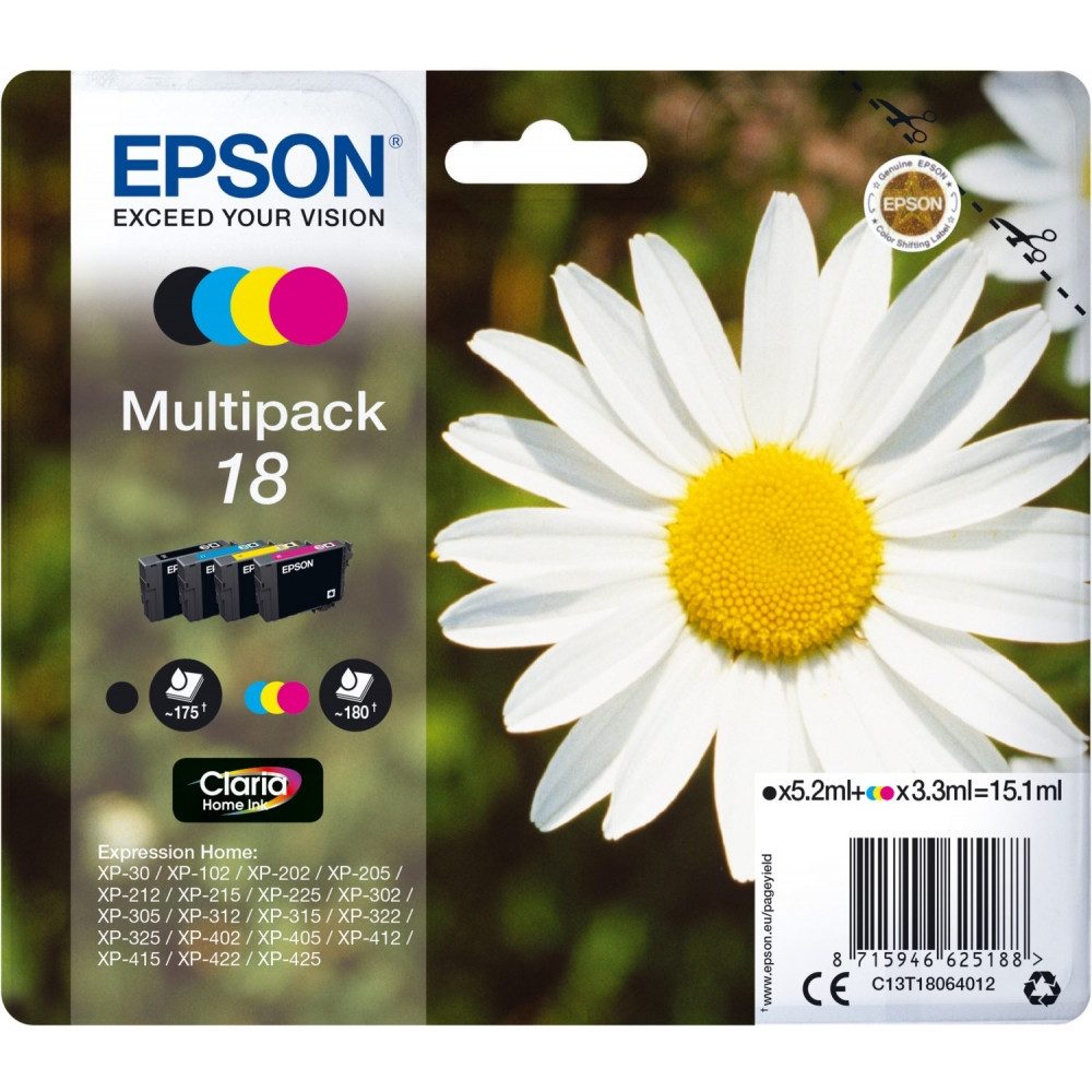 Epson Epson 18 Claria Home Multipack 4-farbig Tintenpatronen Tintenpatrone (T1806, Stechend scharfe Texte & Fotos)