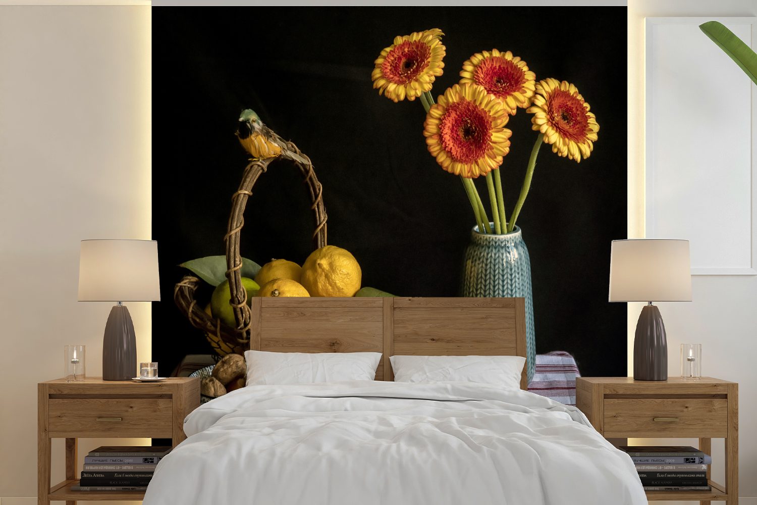 MuchoWow Fototapete Blumen - Sonnenblume - Zitrone, Matt, bedruckt, (5 St), Vinyl Tapete für Wohnzimmer oder Schlafzimmer, Wandtapete