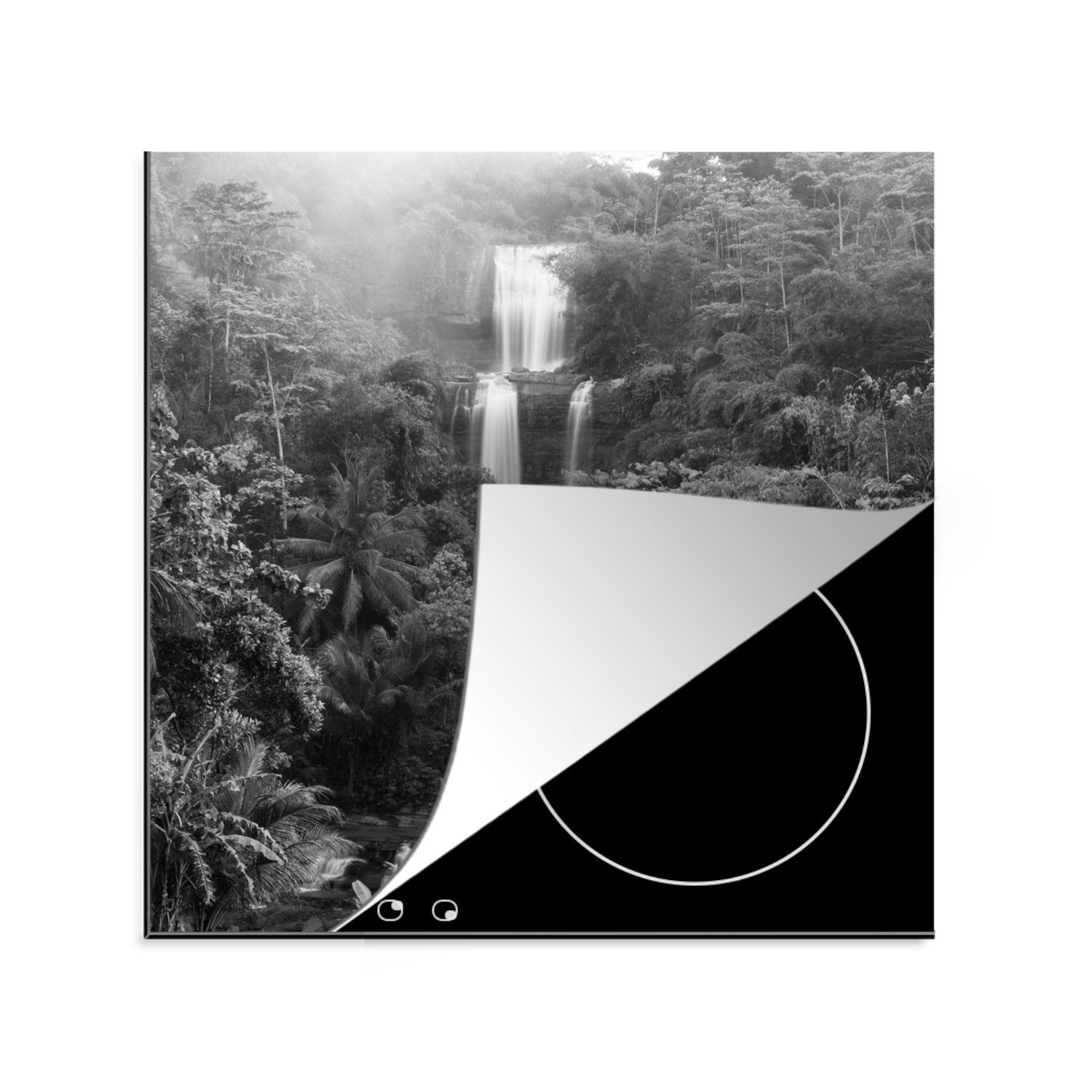 MuchoWow Herdblende-/Abdeckplatte Indonesien - Wasserfall - Schwarz - Weiß, Vinyl, (1 tlg), 78x78 cm, Ceranfeldabdeckung, Arbeitsplatte für küche