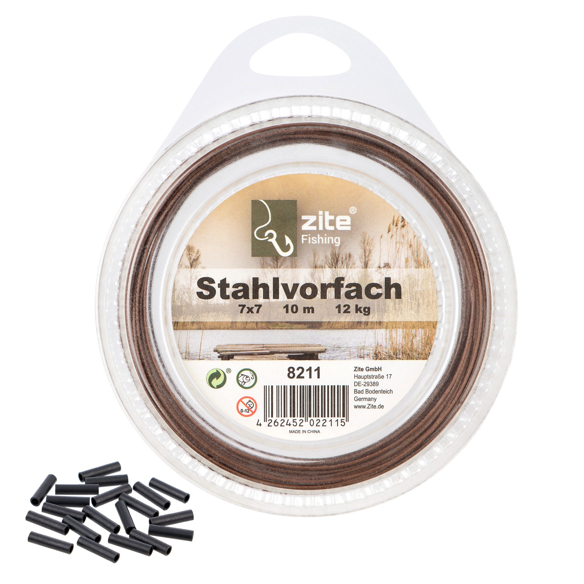 Vorfachschnur Stahlvorfach 6-12kg 7x7 Nylonummantelt Braun 10m inkl. 20 Klemmhülsen