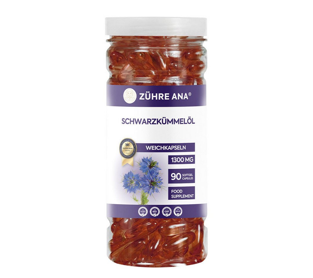 Zühre Ana® Schwarzkümmelöl Öl Weichkapseln 90 Stück–Natürliche Nahrungsergänzung Kapseln, 90 g, Schwarzkümmelöl Öl Weichkapseln 90 Stück – Natürliche 1300 Mg