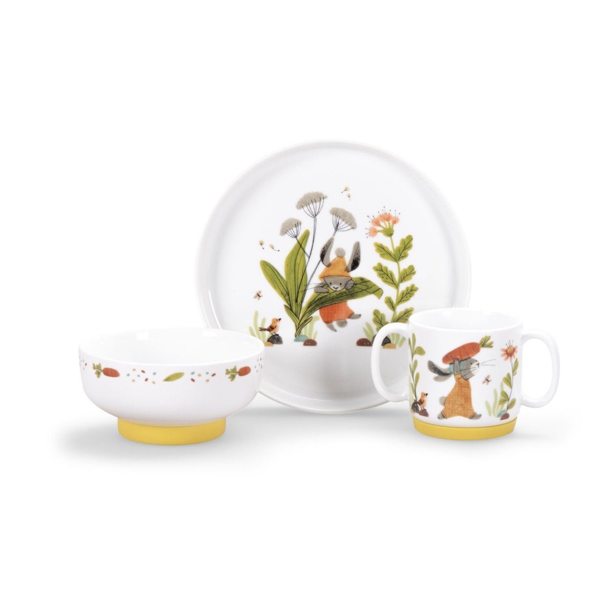 Moulin Roty Kindergeschirr-Set Porzellangeschirr-Set Kinder Geschirrset mit Silikonring 3-teilig, 1 Personen