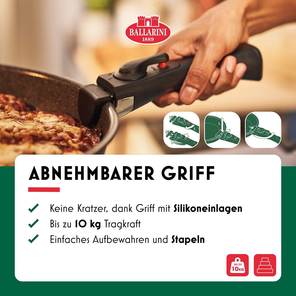 BALLARINI Pfannen-Set Bratpfanne Torre, Aluminium (Set, 2-tlg., 1 abnehmbarer Griff, 1 Bratpfanne), Abnehmbarer Griff, Keramikbeschichtung, Made in Italy, stape – Bild 4 von 5