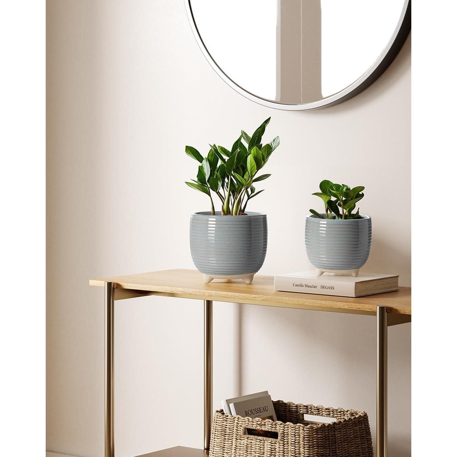 LuxusKollektion Blumentopf Blumentopf Keramik Füße 12 16 cm Set 2er Reaktive Glasur Blau Grau