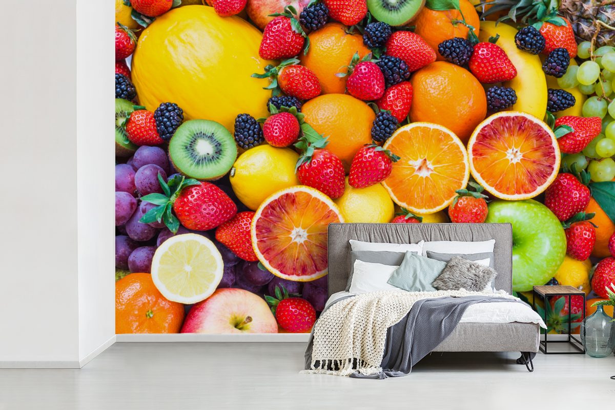 MuchoWow Fototapete Apfel - - Weintrauben Kinderzimmer, St), Obst, Vinyl Schlafzimmer, bedruckt, Wohnzimmer, Wallpaper Tapete für Matt, (6