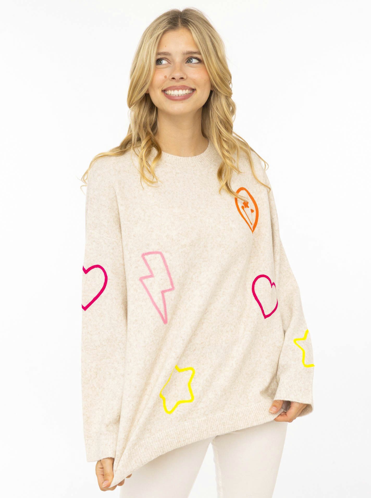 Zwillingsherz Strickpullover "Happy Patch" mit bunten, kontrastreichen Motiven, Rundhals, oversize