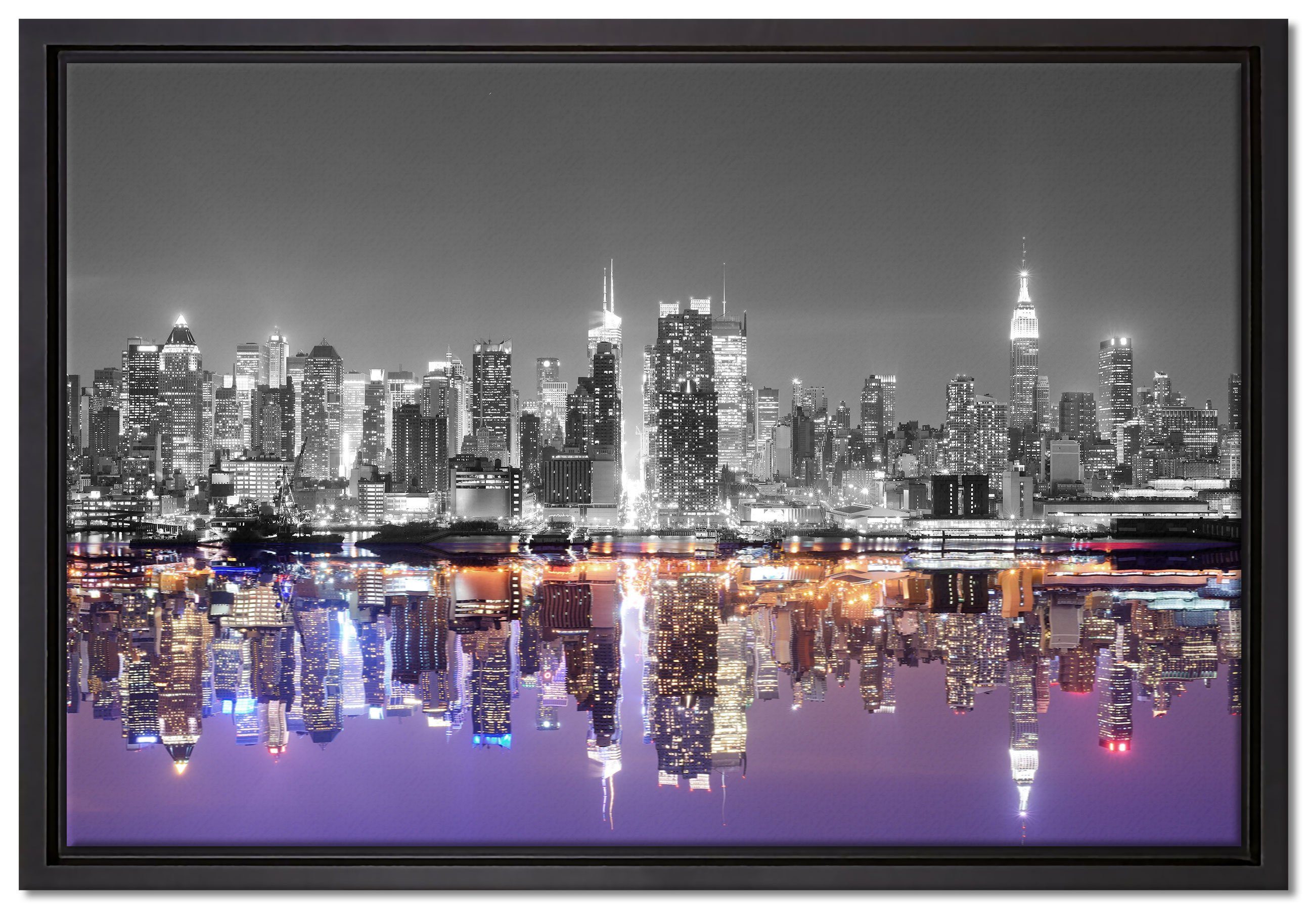 Leinwandbild Leinwandbild Pixxprint St), Zackenaufhänger einem inkl. in Schattenfugen-Bilderrahmen Wanddekoration Skyline, (1 Manhattan gefasst, bespannt, fertig