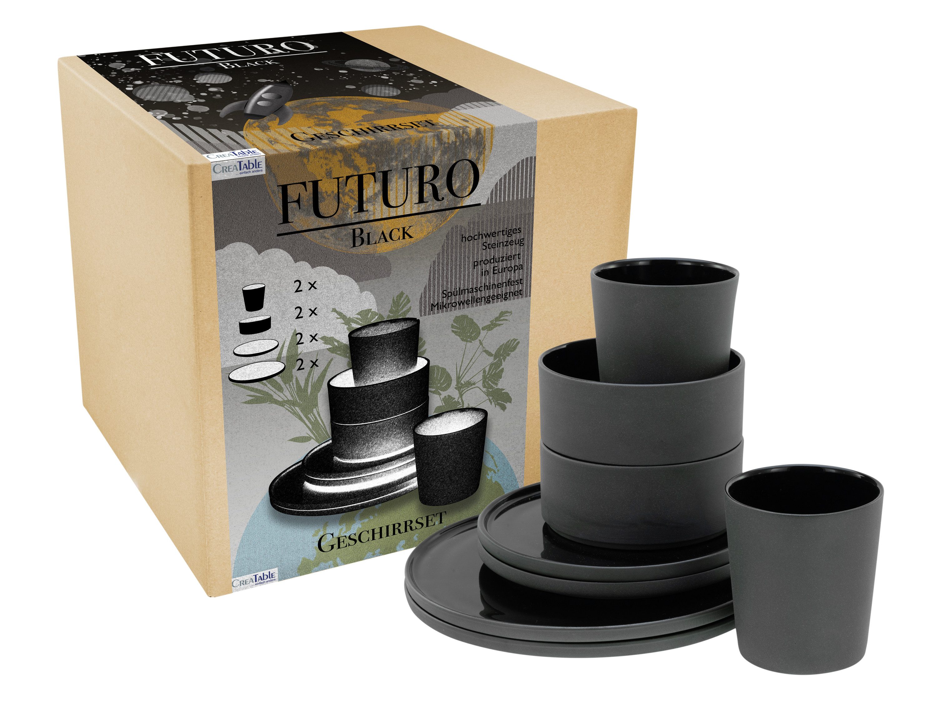 creaTable Kombiservice Futuro Schwarz (8-tlg), 2 Personen, Steinzeug – Bild 2 von 5