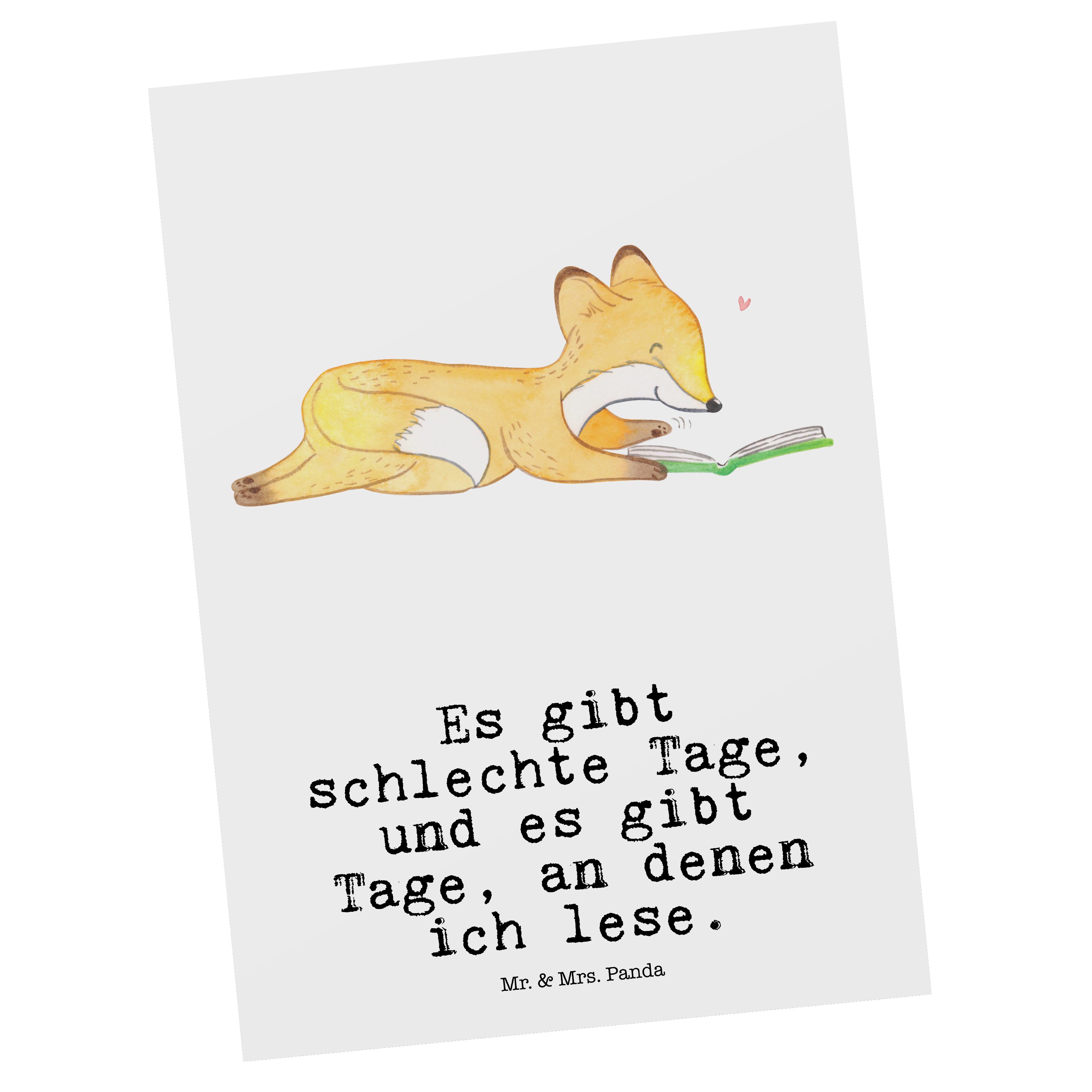 Mr. & Mrs. Panda Postkarte Fuchs Lesen Tage - Weiß - Geschenk, Bücherwurm, Geschenkkarte, Bücher