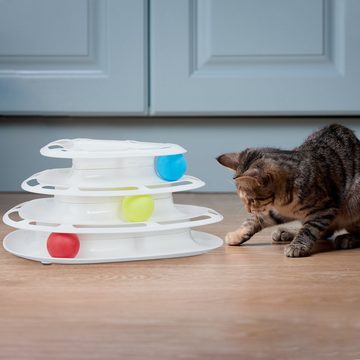 relaxdays Tier-Kugelbahn Katzen Rollenspielzeug mit 3 Etagen, Kunststoff, Weiß