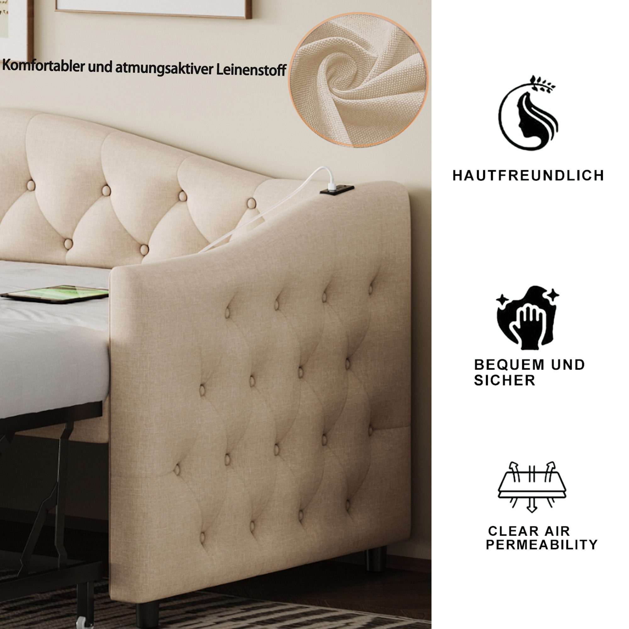 Odikalo Schlafsofa Polsterbett USB Knöpfen Multifunktionsbett (ohne Matratze)90*200 cm