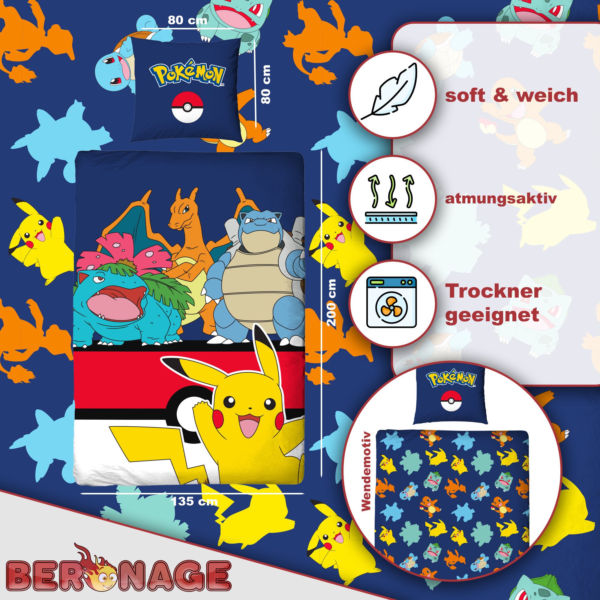 BERONAGE Kinderbettwäsche Pokemon Bettwäsche Pikachu Glurak Bisaflor Turtok günstig online kaufen