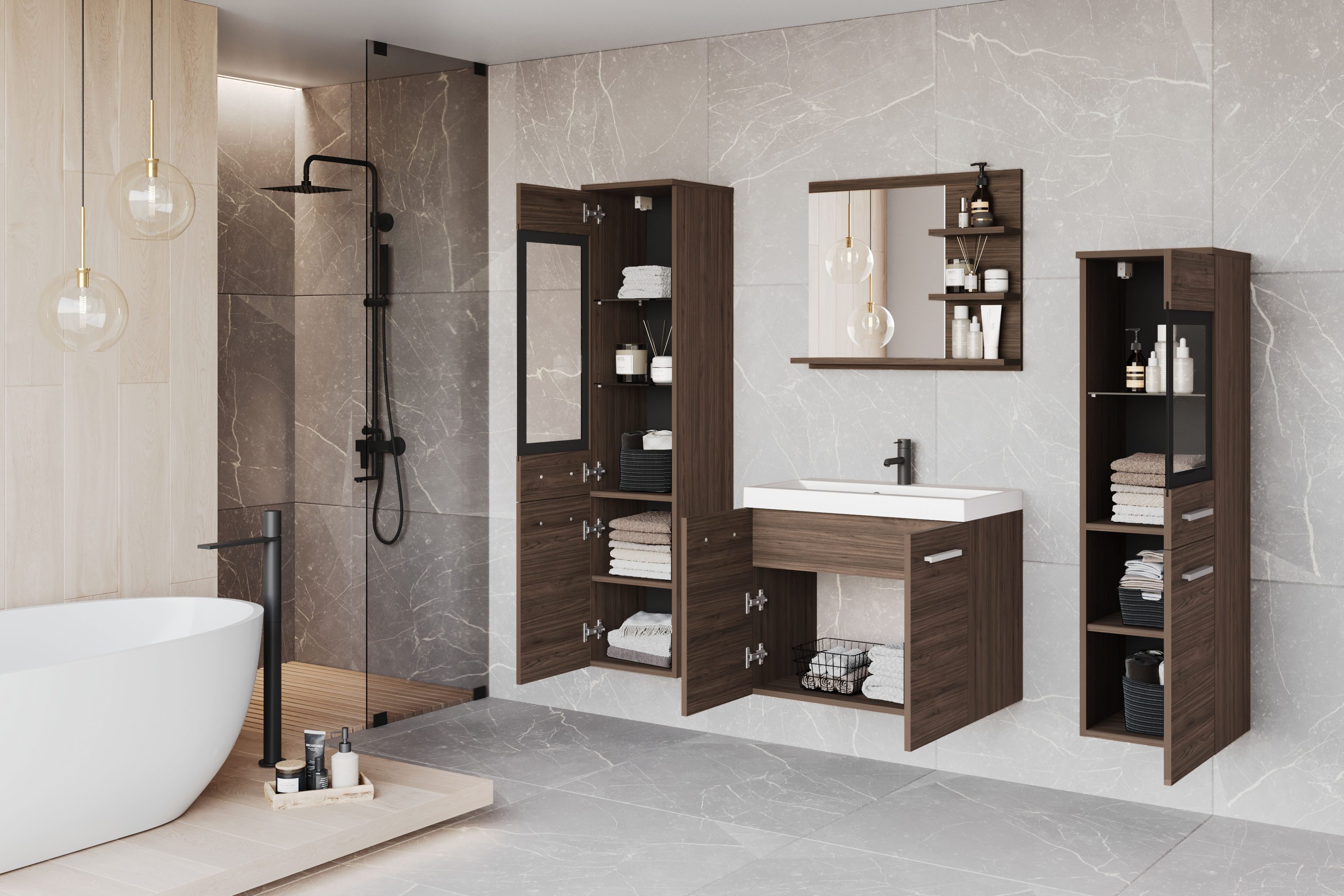 welltime Badmöbel-Set MADRIT, (Komplett-Set, 5-St., mit Waschbecken), Waschtisch inkl. Waschbecken, Badschrank, Hochschrank, Spiegel