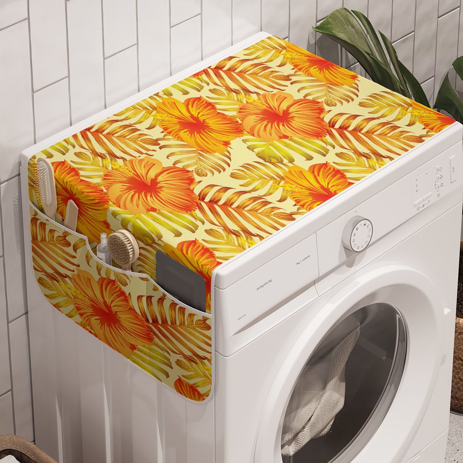 Abakuhaus Badorganizer Anti-Rutsch-Stoffabdeckung für Waschmaschine und Trockner, Hibiskus Exotische Blumen Palmenblätter