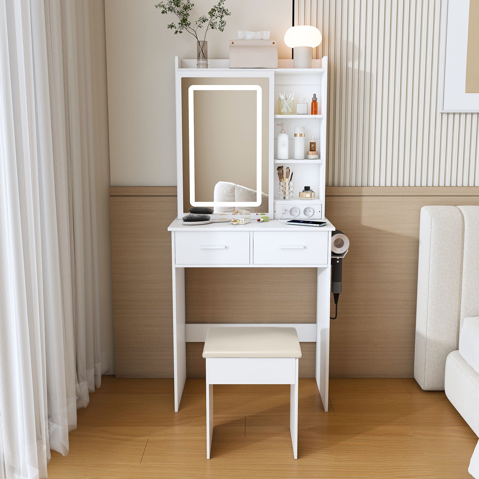 STILVORA Schminktisch mit Spiegel und Hocker Kosmetiktisch mit verstecktem Stauraum Weiß (Eck-Schminktisch mit Schminktisch, Nachttisch und Stuhl, mit transparenten Glasplatte), Einfache Montage