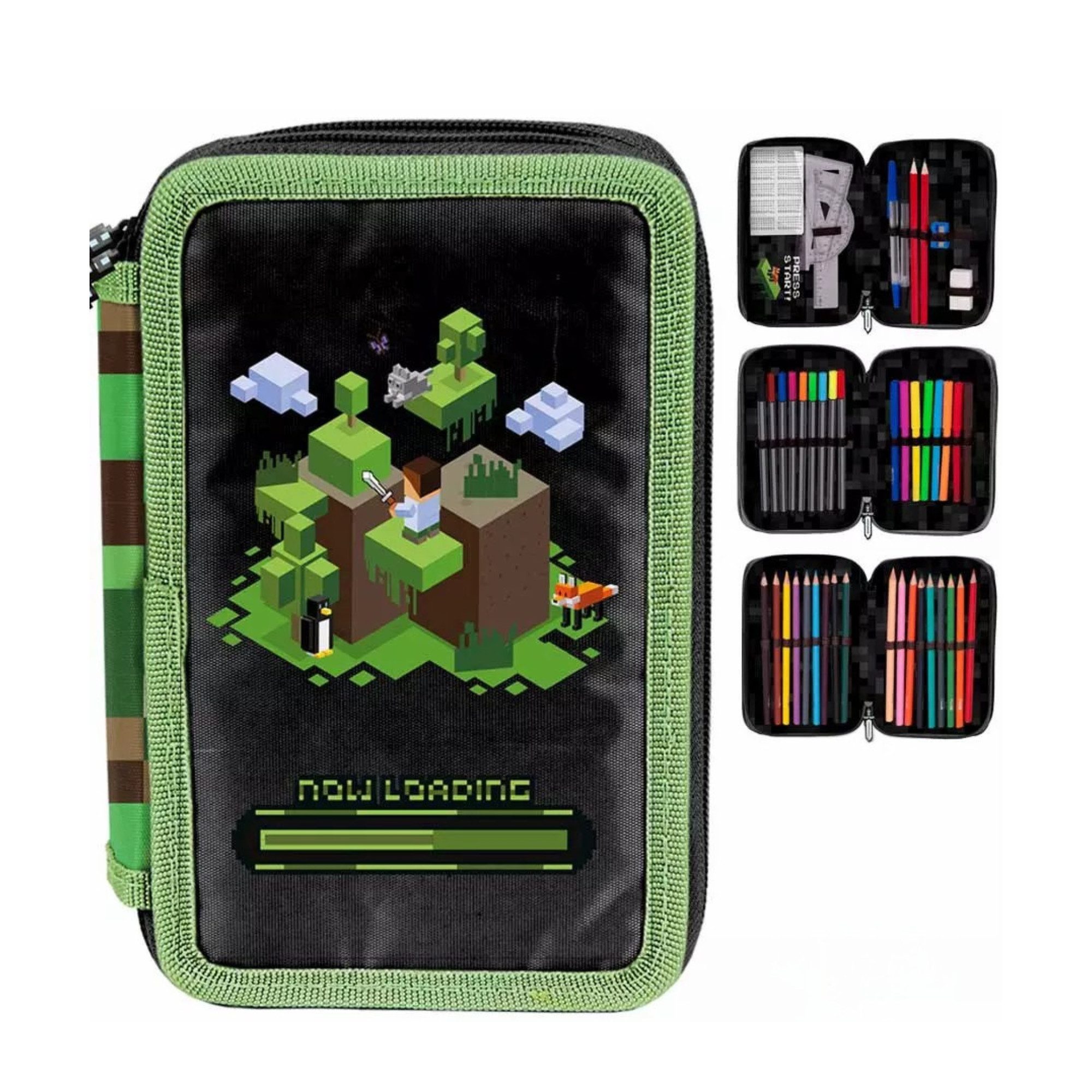 GOLDKIDS Federmäppchen 3 Fächer - Mäppchen für Mädchen - Federmappe, (3-Fach Federtasche Gefüllte Schüleretui, 1-tlg., Schulmäppchen und Hausaufgabenheft), Pixel Green